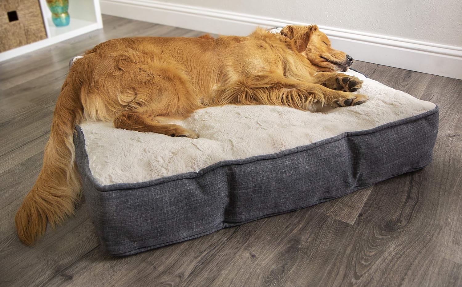 Sterling Tufted Square Extra Deep Luxury Pillow Pet Bed with Machine Washable Cover, Woven Linen Gray, Large