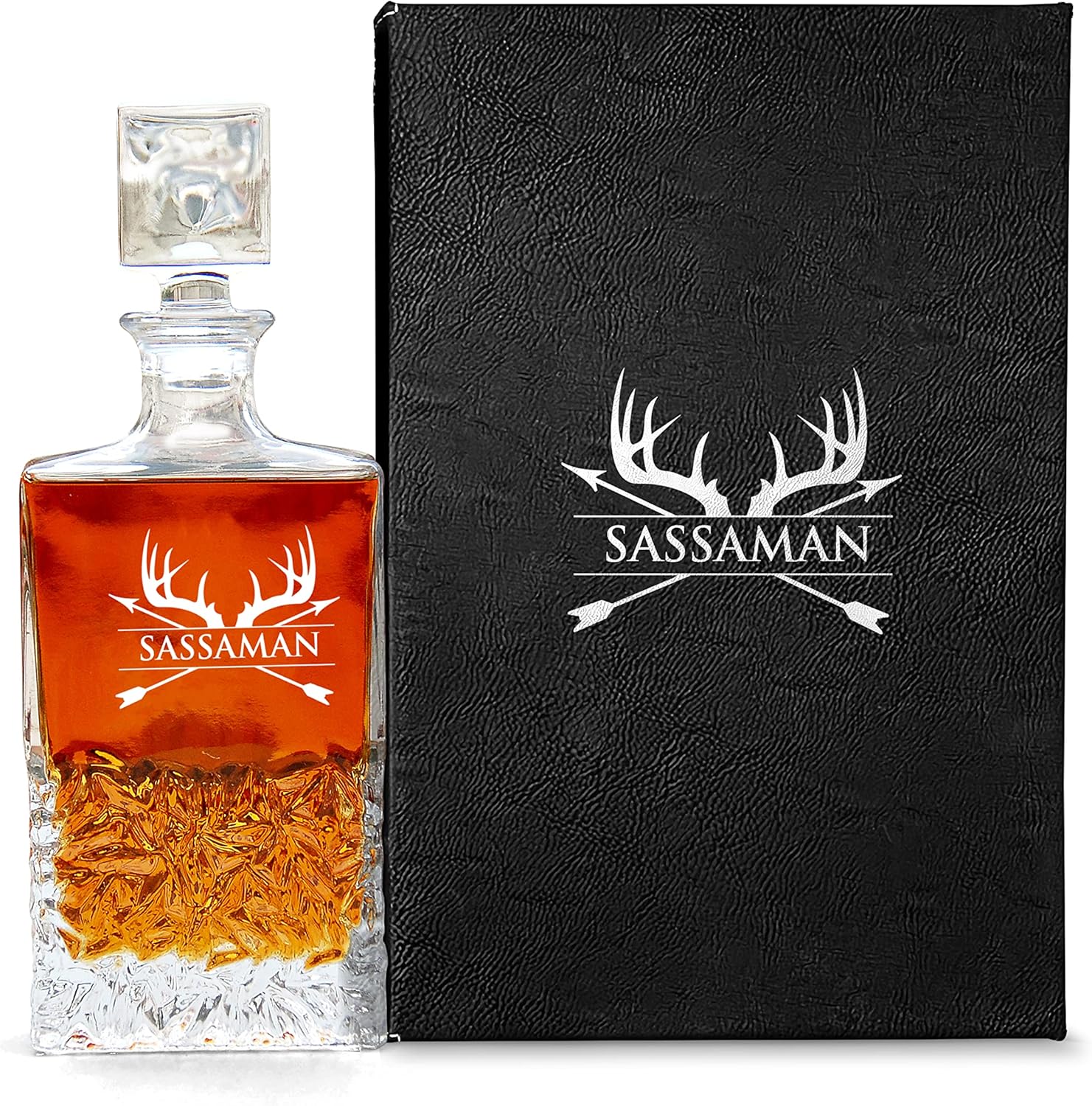 Customized Whiskey Decanter with box, Classy Liquor Decanter with box, Personalized Decanter with Deer Antler Design with Black leateratte box