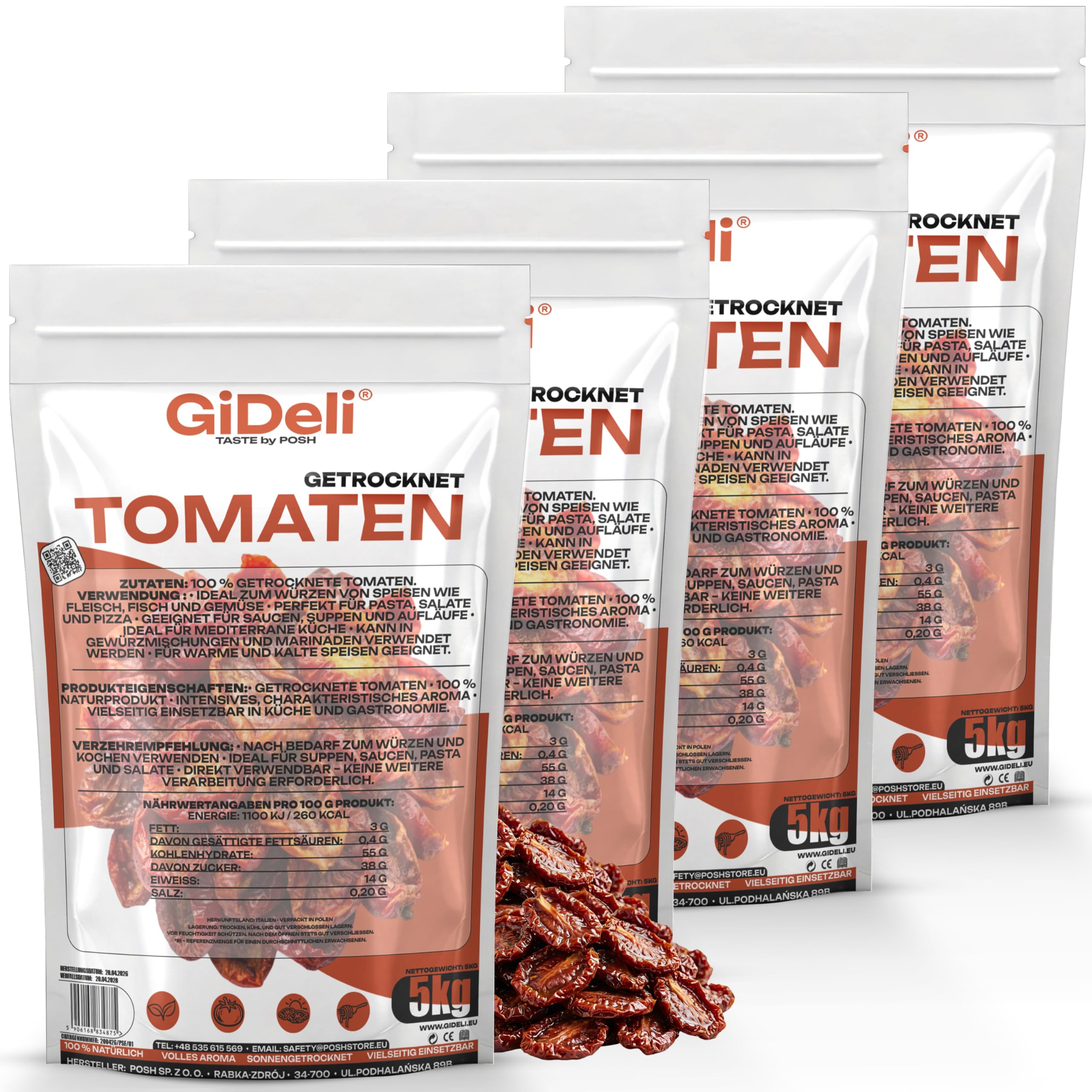 GiDeli Getrocknete Tomaten 4x5kg - Naturrein Ohne Künstliche Zusätze - Sonnengetrocknet aus Italien - Ideal für Pasta, Suppen & Salate - Direkt Verwendbar Ohne Einweichen - Hoher Proteingehalt - Vegan