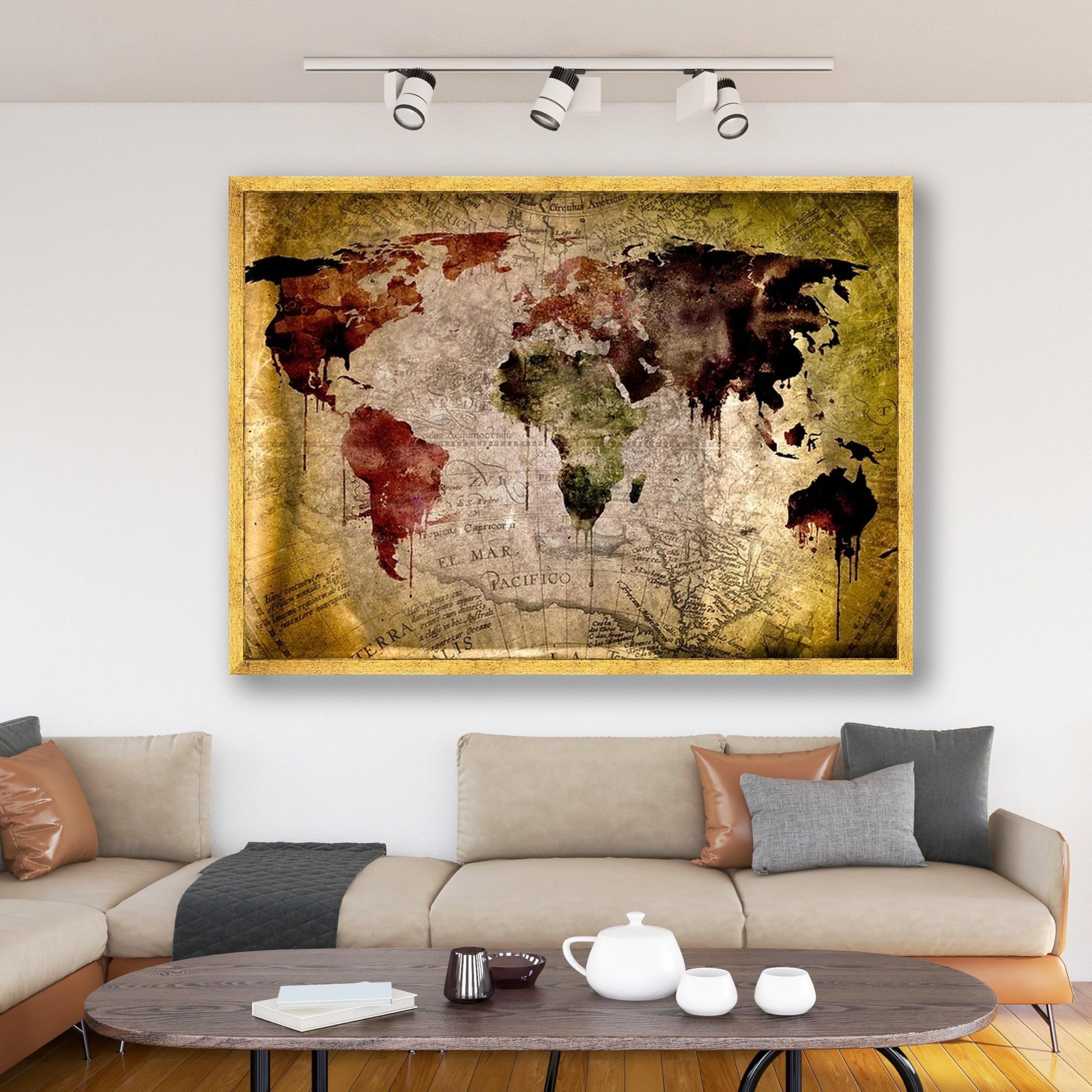 YUSUZHU Vintage-Landkarten-Leinwandbild, Wandkunst im Antik-Stil, rustikale Wohndekoration, Geografie-Druck, gemalte Kartenkunst, fertig zum Aufhängen (50 x 75 cm/Innenrahmen)