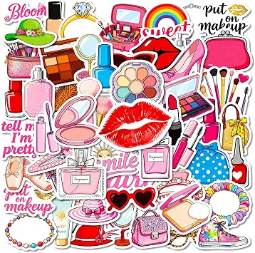 56pcs Sweet Girl Makeup Stickers Glossy PET Cosmetic Decals for Scrapbooking Journals Planners Laptops Water Bottles Phone Cases Luggage DIY Decoration for Teens Adults