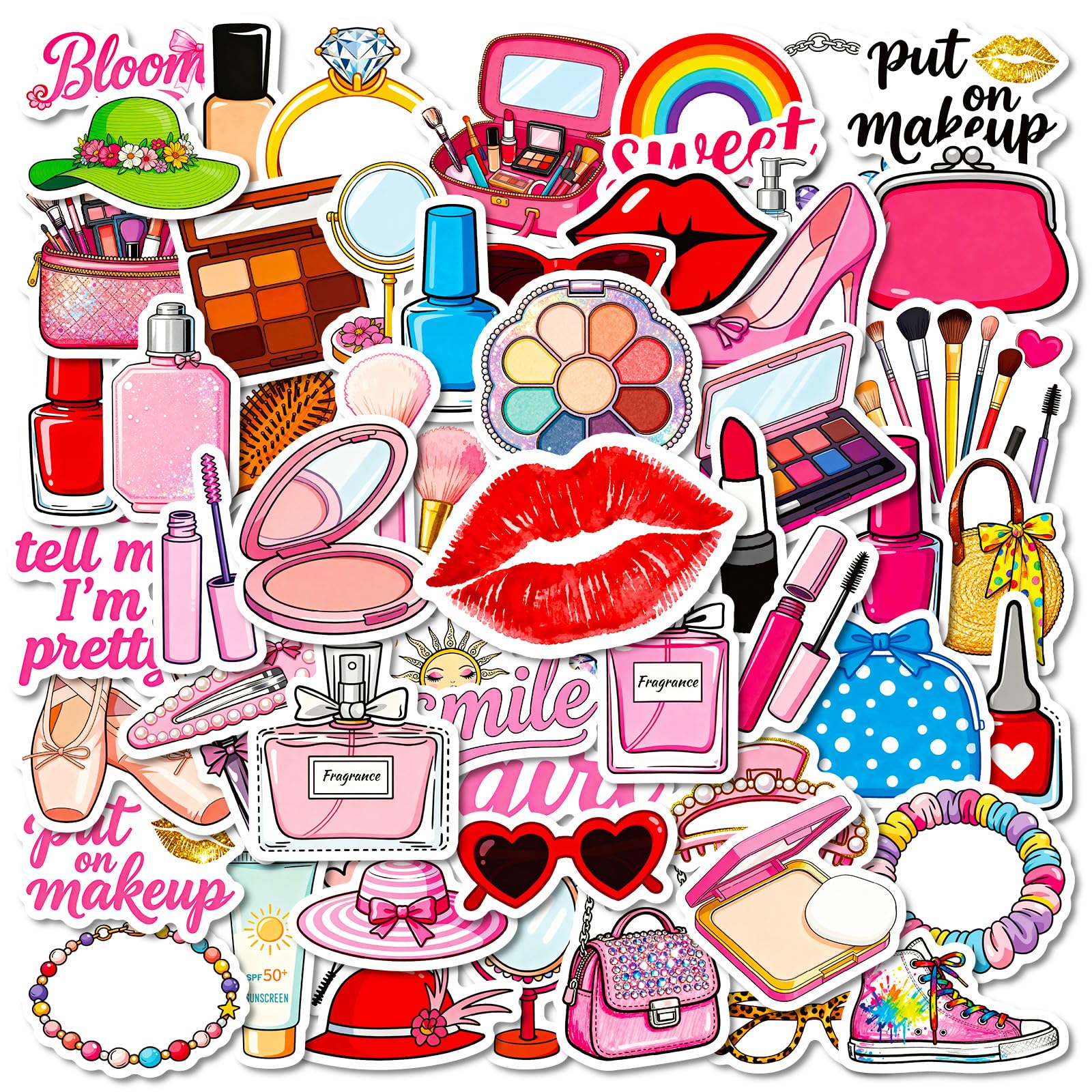 56pcs Sweet Girl Makeup Stickers Glossy PET Cosmetic Decals for Scrapbooking Journals Planners Laptops Water Bottles Phone Cases Luggage DIY Decoration for Teens Adults