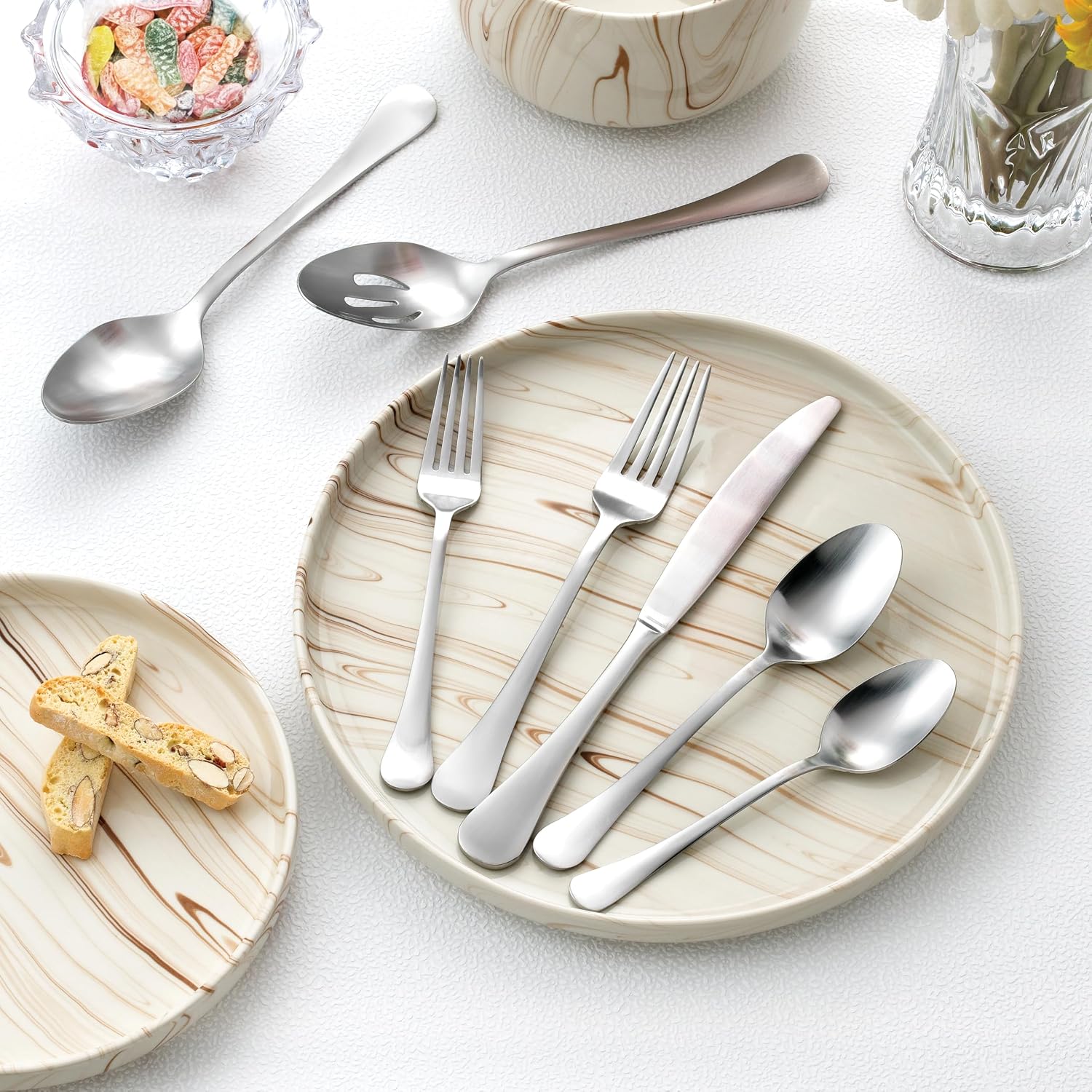Lorren Home Trends 62 Piece Satin Stainless Steel Flatware Set, Service for 12, Dishwasher Safe