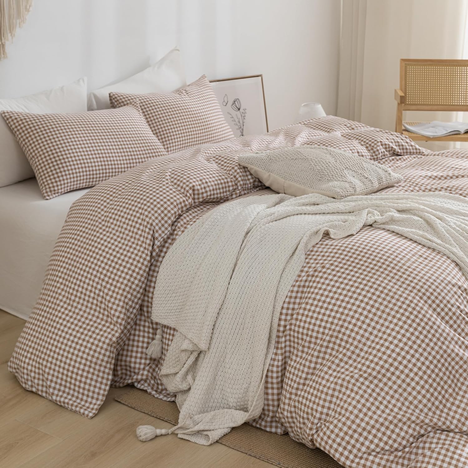 Tan Gingham Duvet Cover Bedding Set Prewashed Extra Soft Comfy Breathable 3 Piece Brown Plaid Checkered Grid Vintage Comforter Cover Set Cute Aesthetic (Queen 90"x90", No Comforter) - Image 4