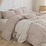Ensemble de housse de couette en vichy tan, prélavé, extra doux, confortable, 3 pièces, couverture à carreaux marron, esthétique mignonne (reine 90"x90", sans couette)