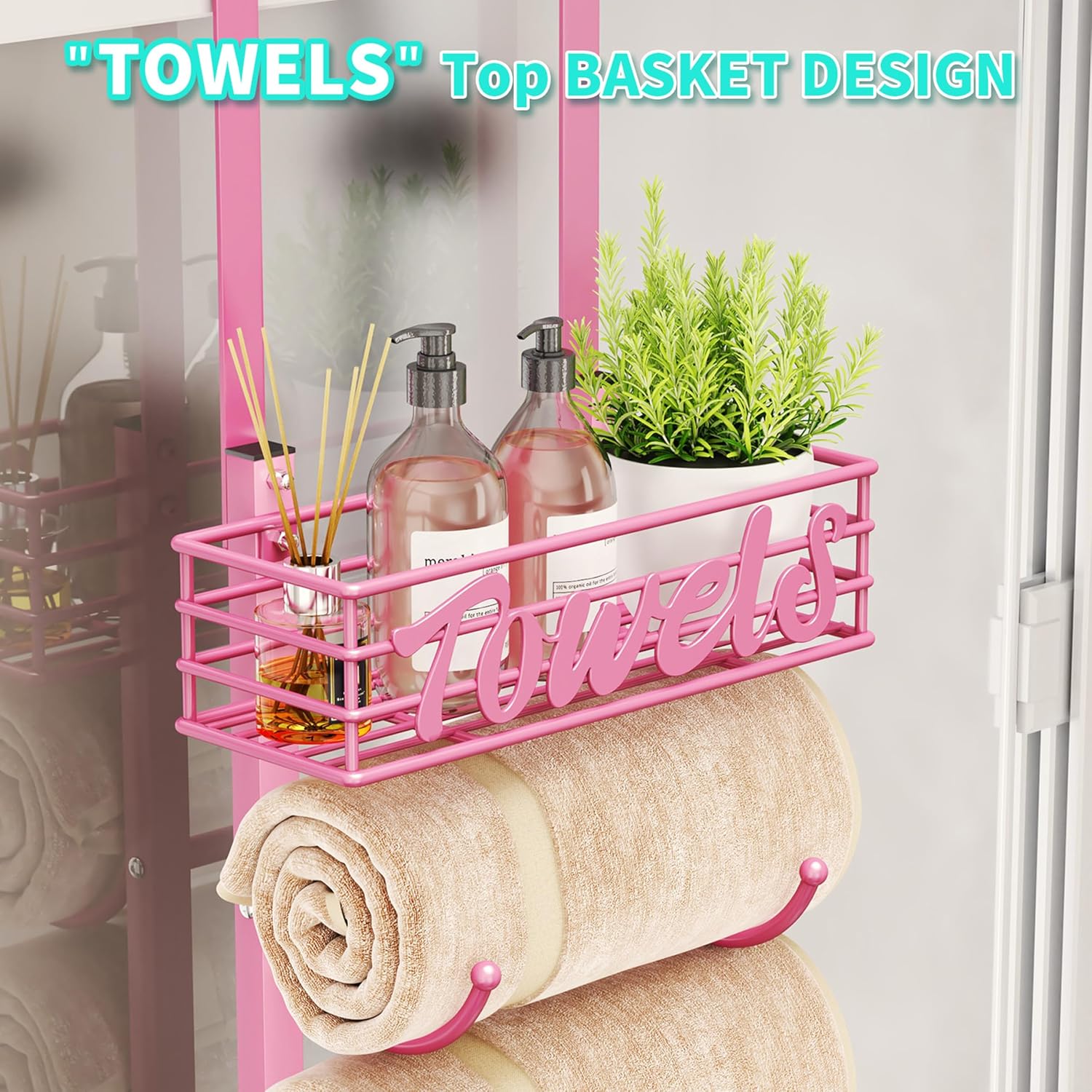 HapiRm Towel Racks for Bathroom Storage - 6 Tier Over The Door & Wall Mount Rolled Towel Storage Organizer Holder with Metal Shelf Basket for Small Bathroom, Camper, Rv - Pink, Patented image 3