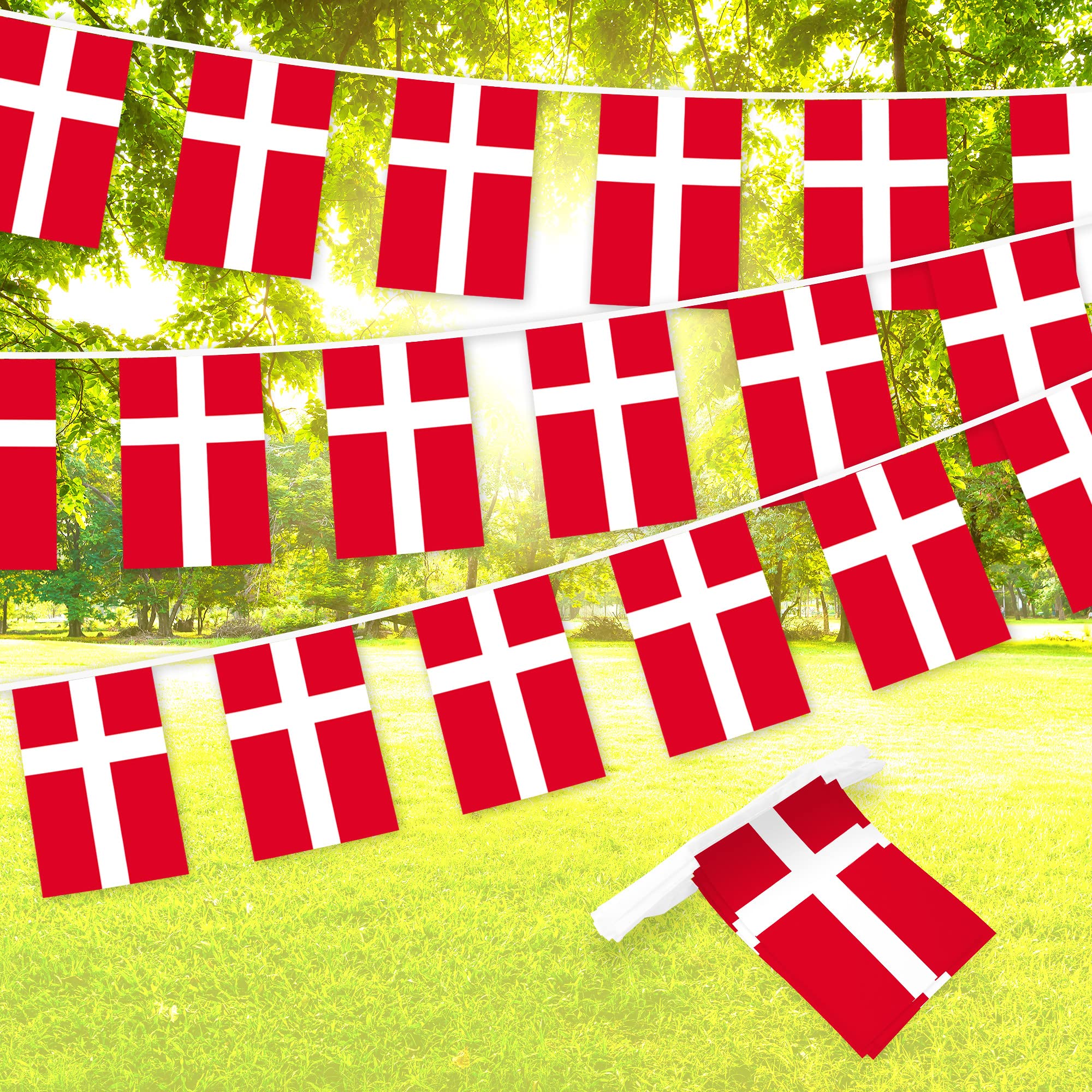 G128 Denmark Danish Bunting Banner | Flag 8.2 x 5.5 Inch, Full String 33 Feet | Printed 150D Polyester, Decorations For Bar, School, Festival Events