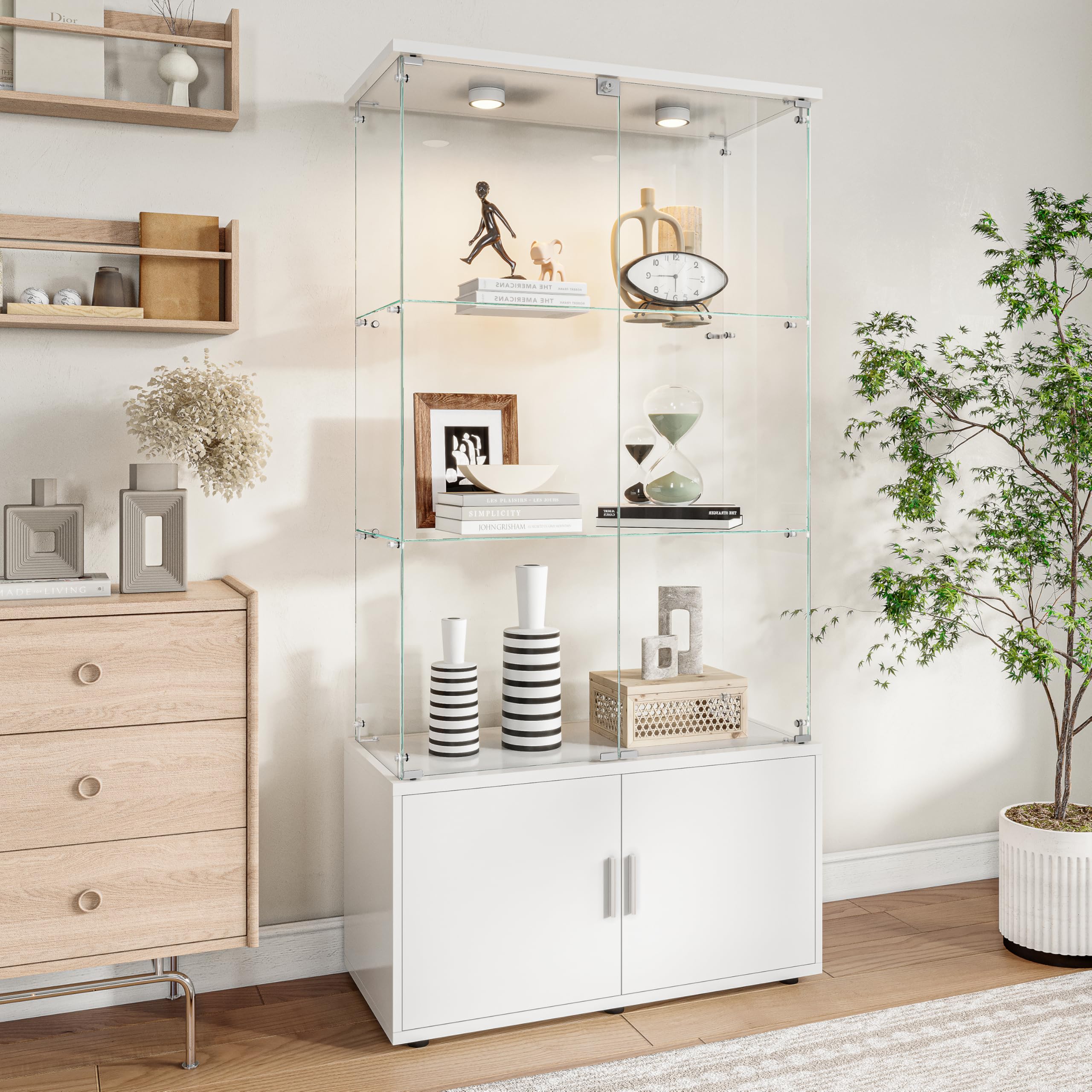 LSFYYDS Dual Door, 3-Tier White Glass Display Cabinet with LED Lights & Lock - Sturdy Glass & Wood Collectibles Display Shelf for Living Room, Bedroom, Office, Bookcase Storage Cabinet