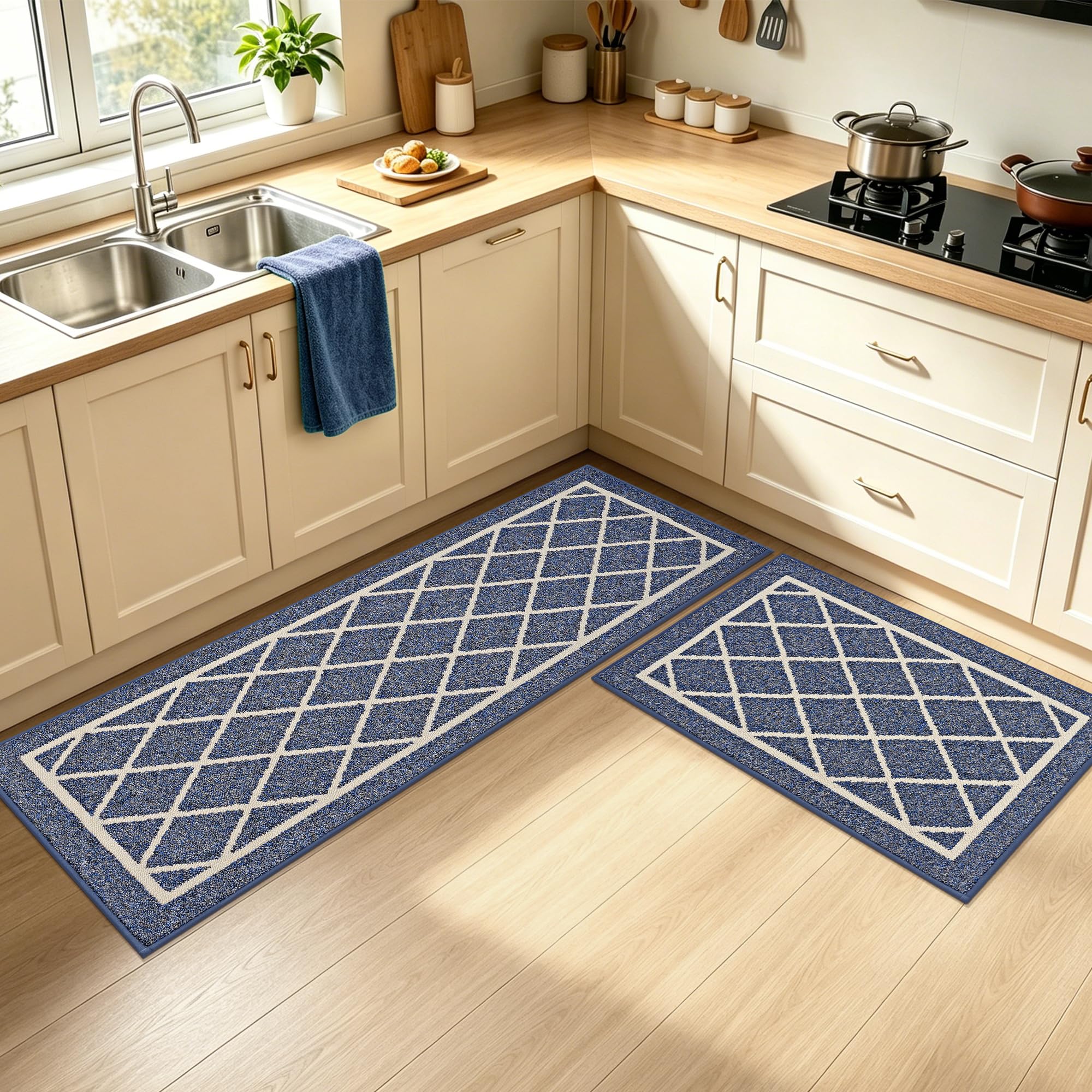 BEQHAUSE-Kitchen-Rugs-Non-Slip-Kitchen-Mats-for-Floor Machine Washable Kitchen Mats 2 Pieces Navy Blue Kitchen Runner Carpet with TPR Backing, Rolled Packaging, 60X89cm+60X152cm