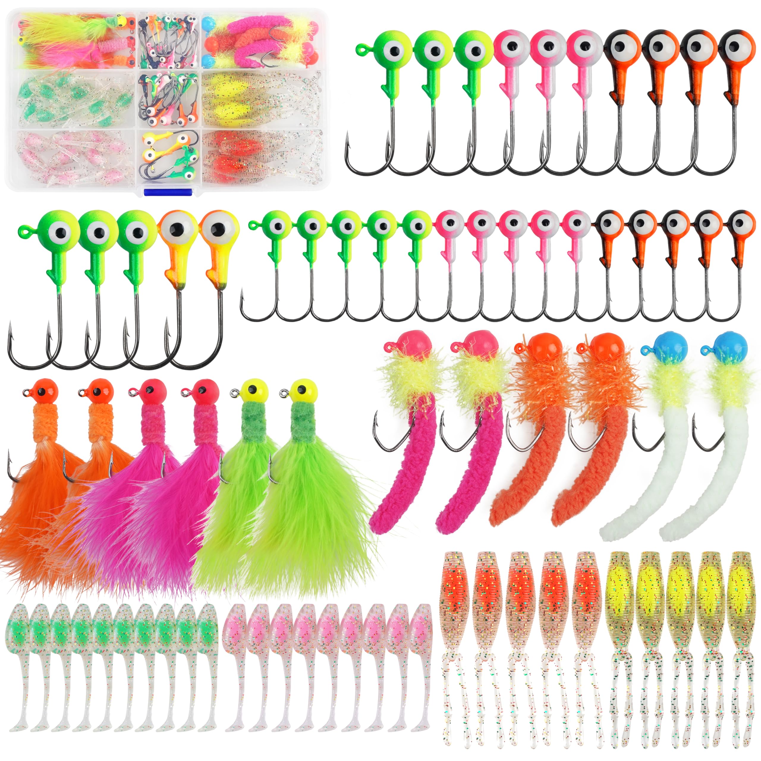 OROOTL Crappie Jigs Lures Kit, 72pcs Crappie Lures with Jig Heads Hooks Swimbaits for Bass Fishing Soft Plastic Grubs Marabou Jigs for Trout Bass