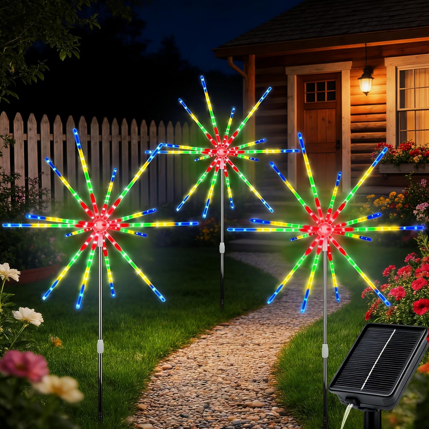 CCILAND 3 Pack Solar Starburst Lights Outdoor, 336 LED Solar Pathway Lights with Auto ON/Off 8 Modes, DIY Garden Lights for Lawn Yard Balcony Decor (Warm White)