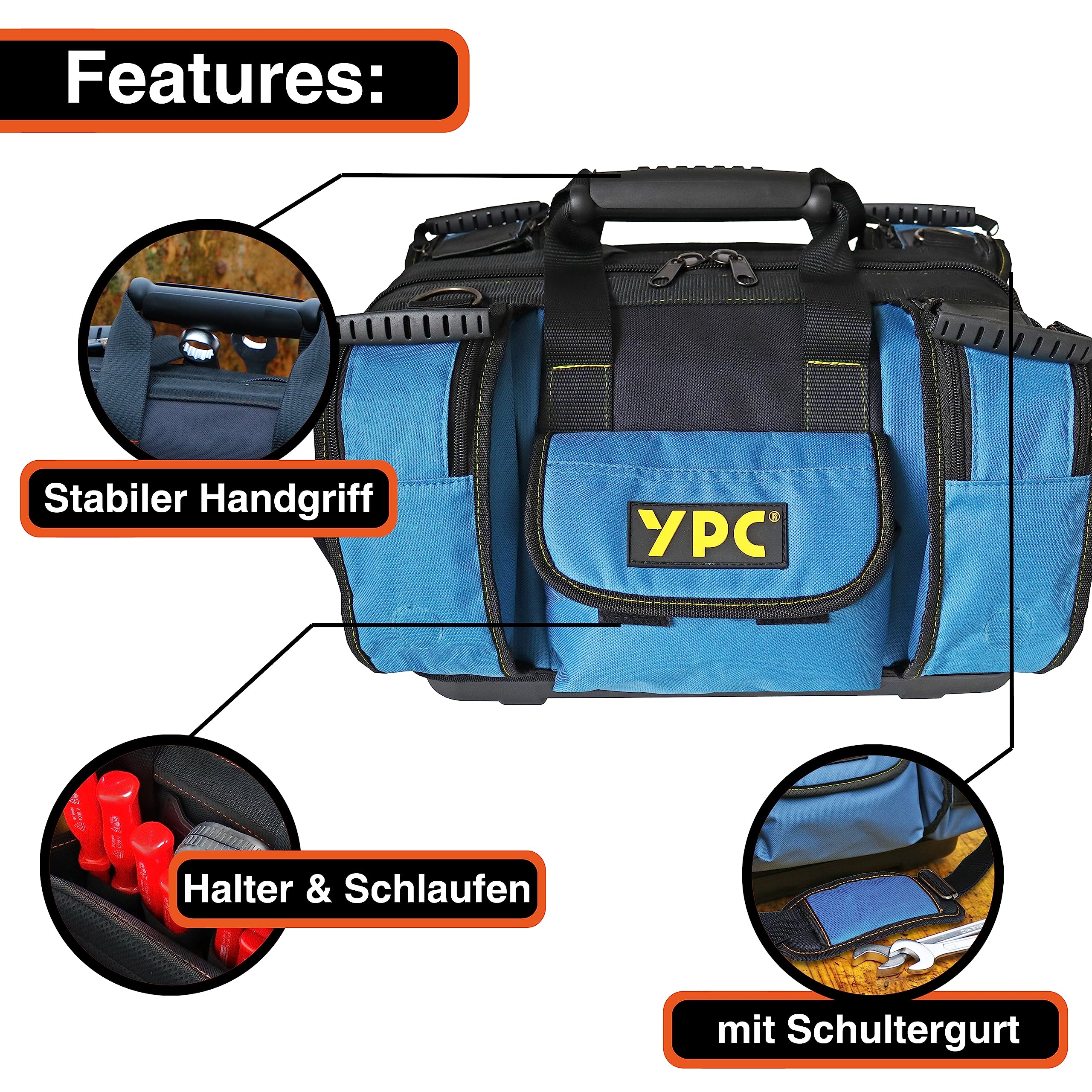 YPC Profi Werkzeugtasche leer XXL – 42x30x25cm große Tasche mit stabilem Boden, Wasserfest, Tragegriff & verstellbarer Schultergurt, Arbeitstasche, Reisetasche, Tool Bag für Werkzeug – 20 kg Tragkraft