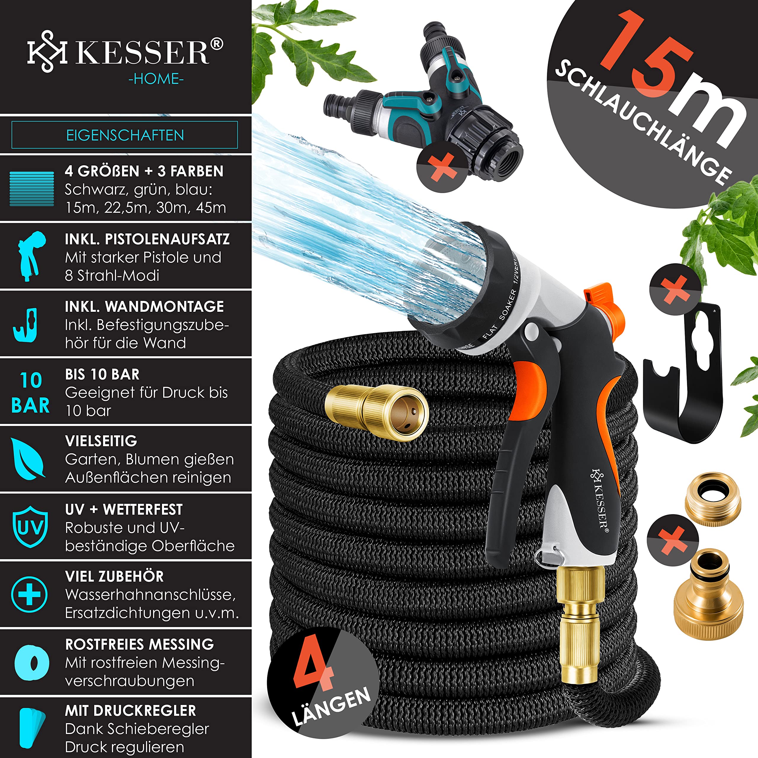 KESSER® flexibler Gartenschlauch 15 m, dehnbarer Flexischlauch, Wasserschlauch mit 3-fach Latexkern, 8 Modi Sprühpistole, Messing Anschlüsse + Wandhalterung, 1/2" & 3/4" Adapter & Tasche, Schwarz