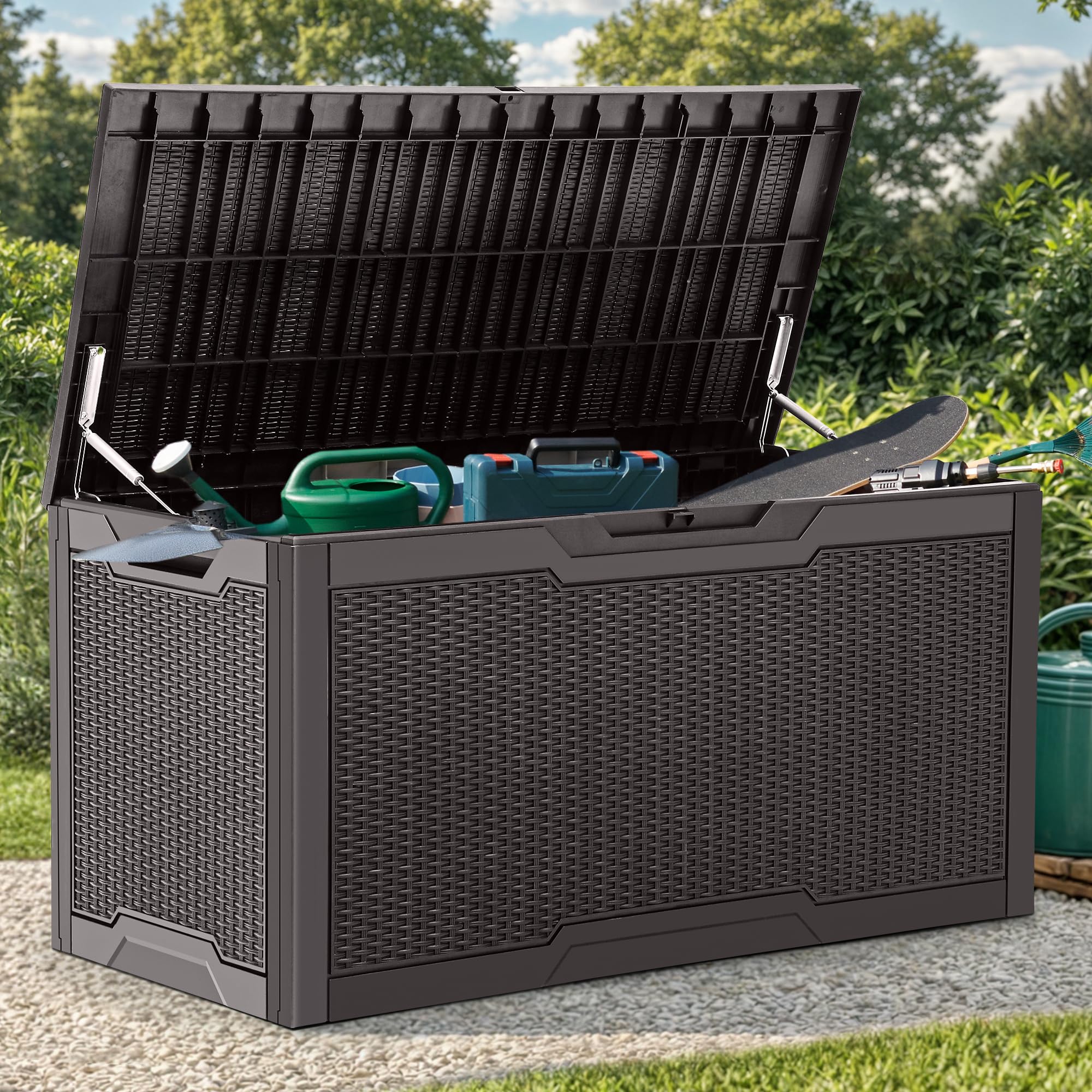 YITAHOME 380 Liter Gartenbox Wasserdicht, Abschließbarem Garten Auflagenbox, Outdoor kissenbox Wetterfest Garten Aufbewahrungsbox mit Seitengriffen für Gartengeräten Poolzubehör spielzeug, Dunkelbraun Garten