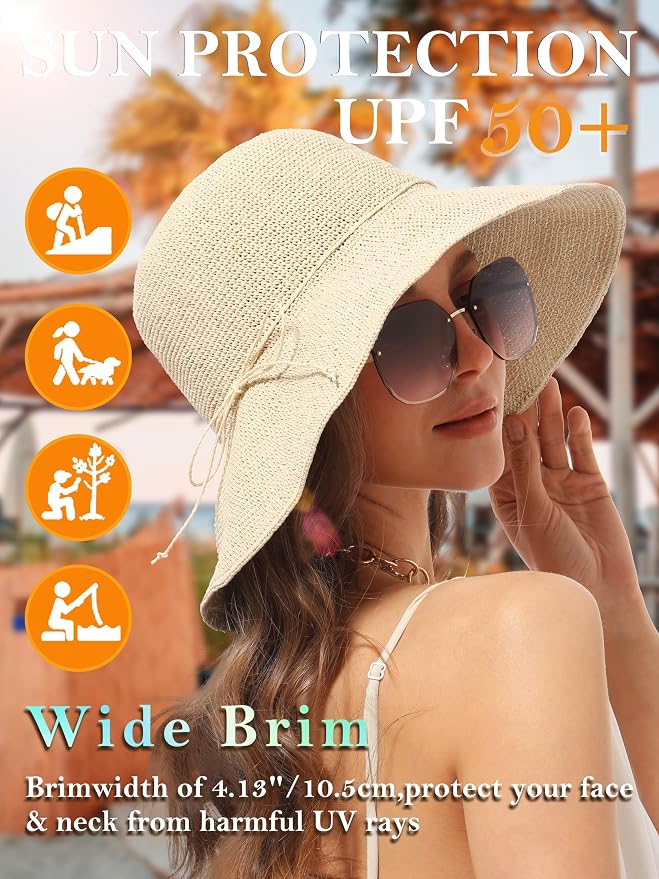 Gorro de ala ancha y paja para mujer, packable, protección UV, verano, playa, UPF 50+ miniatura 6