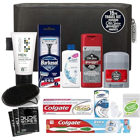 Convenience Kits International Men's Premium 15-Piece Kit wth Travel Size TSA Compliant Essentials, Featuring: Head & Shoulders Dandruff Shampoo Classic Clean and Palm Scalp Brush in Black Dopp Bag