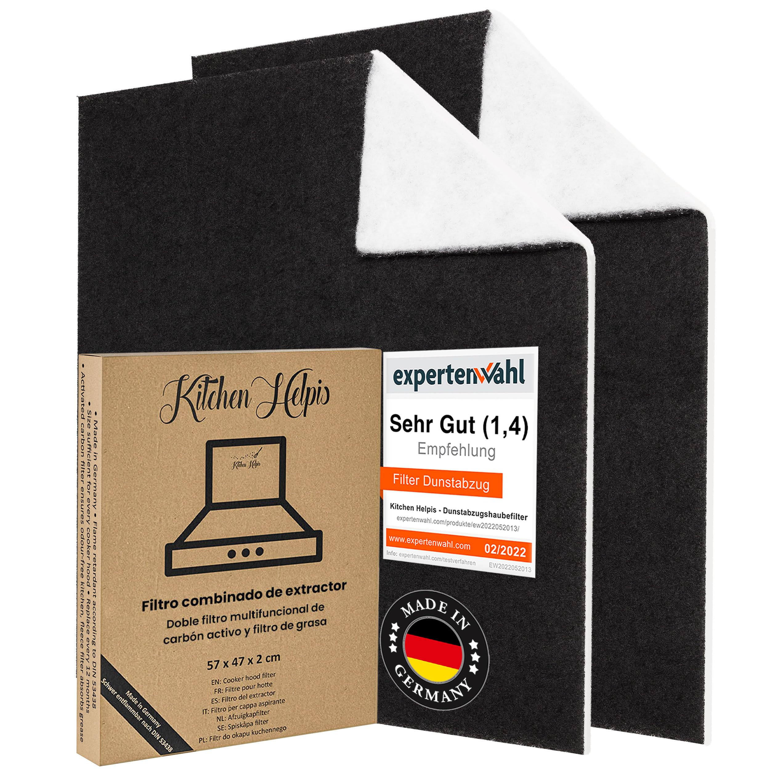 2 Filtros de Campana Extractoras combinados – Filtros Dobles de Carbón activo y Grasa 57x47cm, Filtro se puede cortar a medida, Universales para todas las Campanas Extractoras estándar