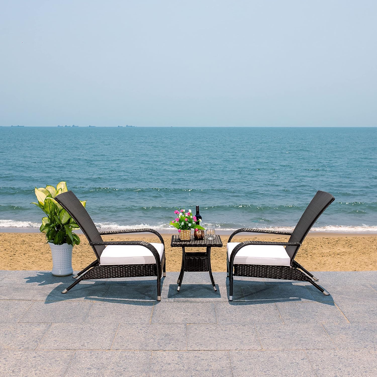 SAFAVIEH Outdoor Patio Furniture Collection Edna 3-Piece Lounge Set with Black Faux Rattan Armchairs, Cushions & Side Table, Conversation Seating (PAT7719A)