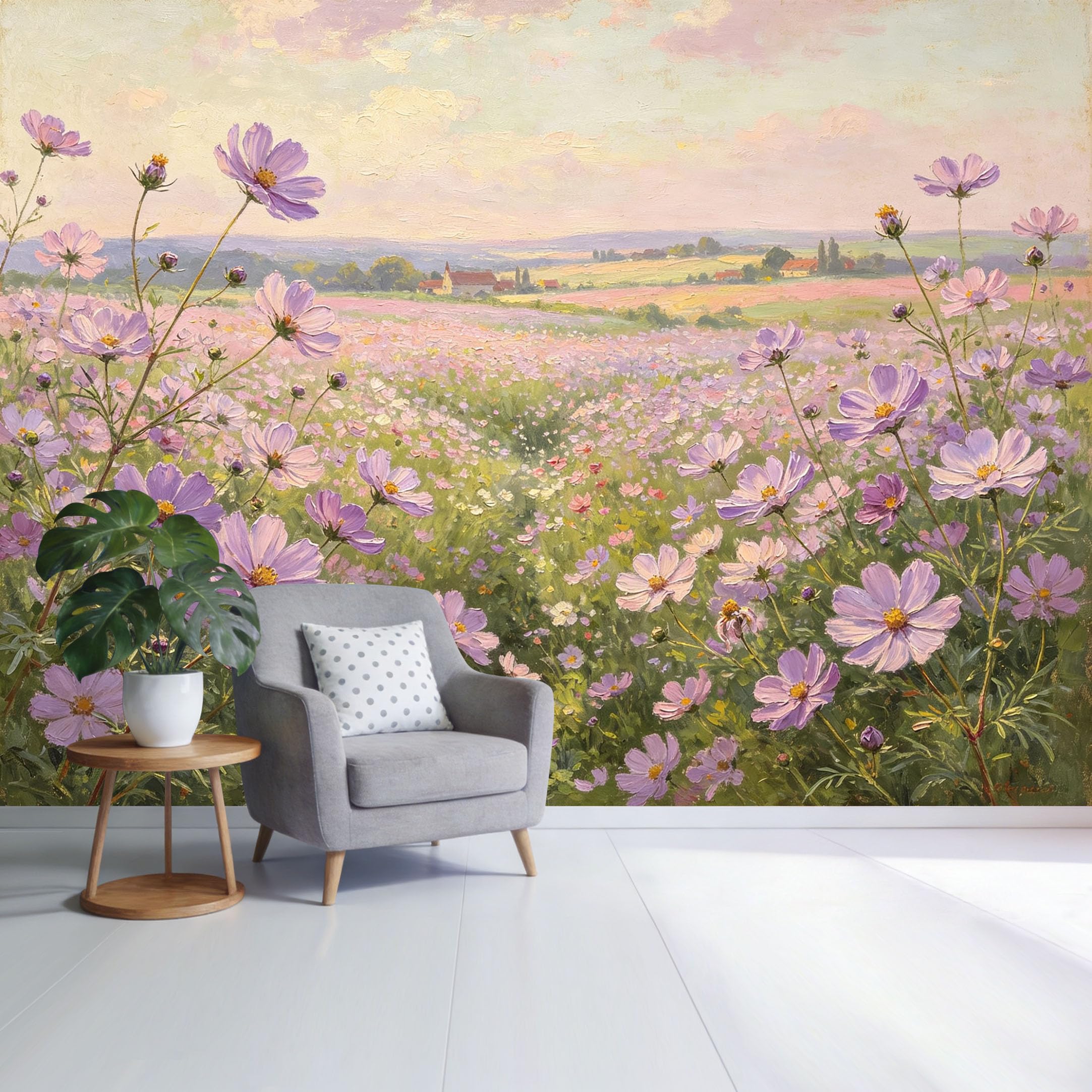 Custom Size Wall Mural Lavender Wildflower Field Landscape Oil Painting Botanical Pastel Horizon SelfAdhesive Wall Fabric Removable Wallpaper for Home Office Decor