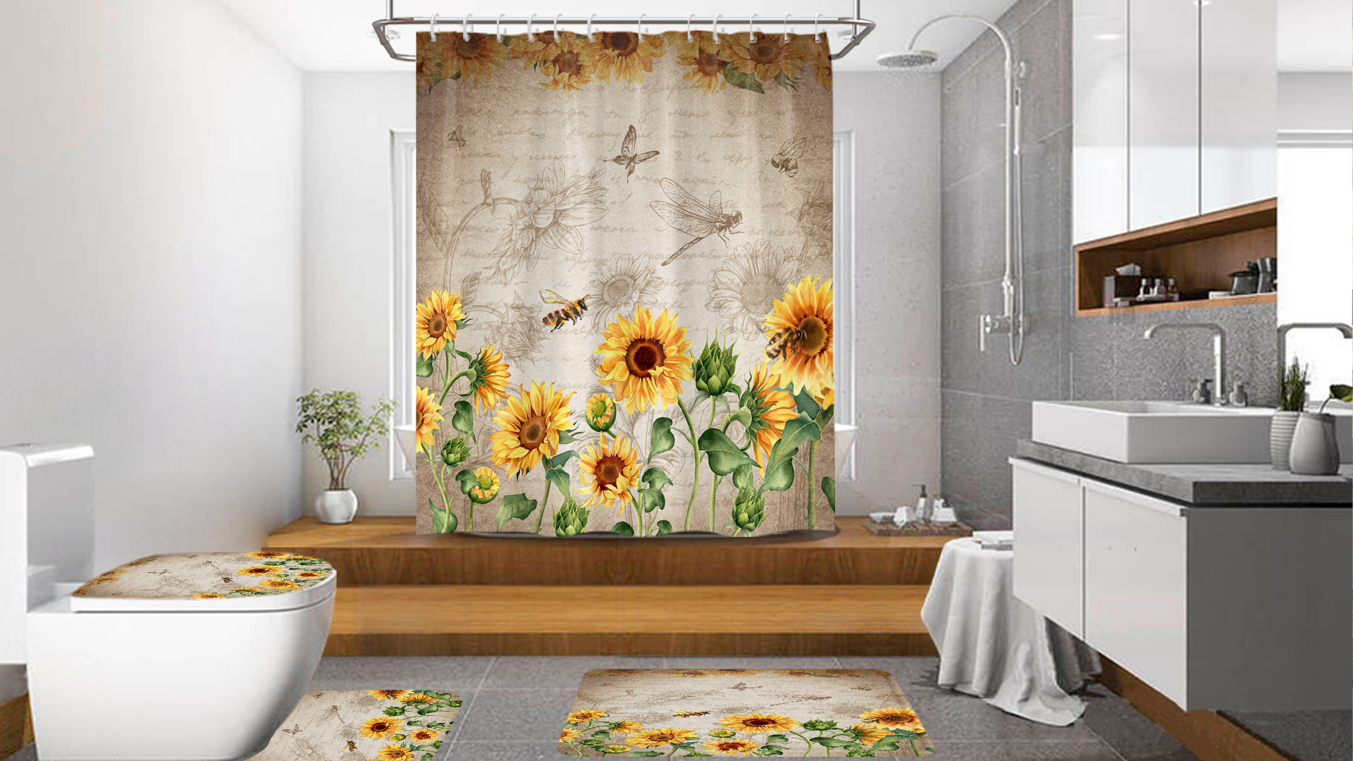 Aprophic Ensemble De 4 Rideaux De Douche Tournesol Avec Rideau De