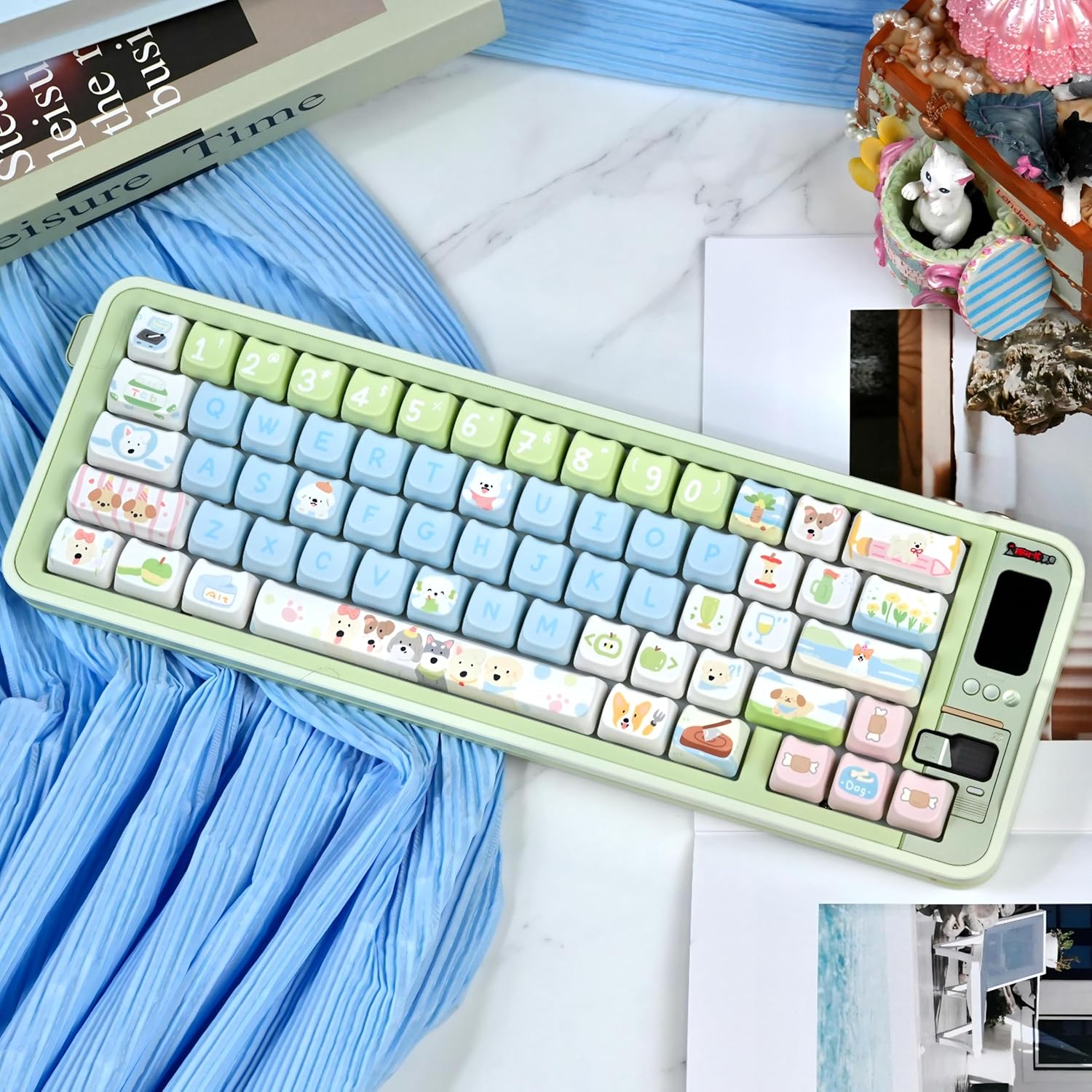 PBT Keycaps-Blue Cute Keycaps Dog Theme 60 65 75 100 Percent, Kawaii Anime Puppy Key caps Custom130 Keys, Mao Profile for 61/68/84/87/98/100 Cherry Gateron MX Mechanical