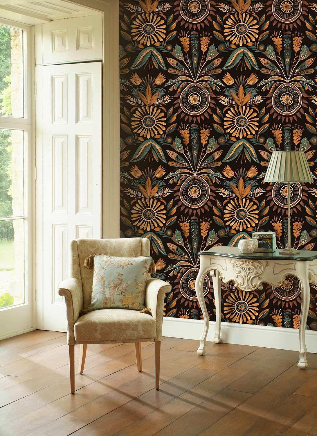Boho Floral Peel and Stick Wallpaper, Indian Wallpaper, Self Adhesive Vinyl Geometric Wall Paper for DIY Home Decor, 17.7in x 236in