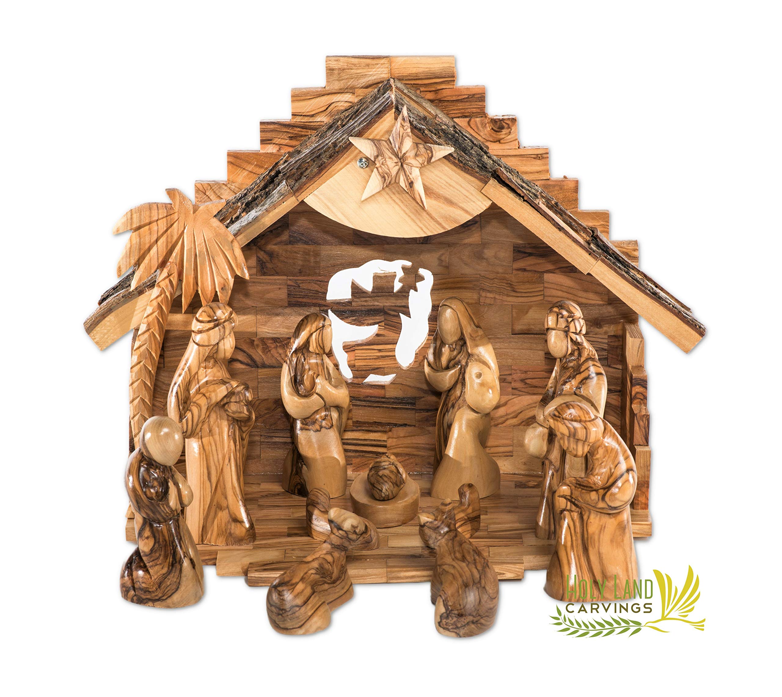 Wooden Nativity Set for Christmas Made of Olive Wood in The Holy Land - 12 Piece Faceless Figurine N