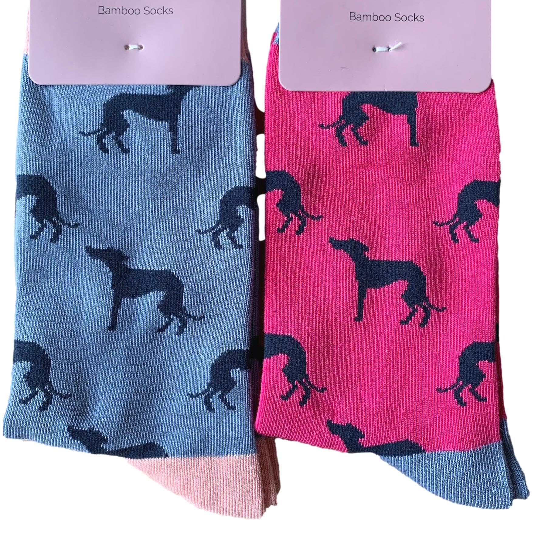 Purple Possum UK® Greyhound Socks Ladies 2 Pair Pack Greyhounds Whippet Dogs Hot Pink Blue Womens Bamboo Cotton Socks Size 3-7