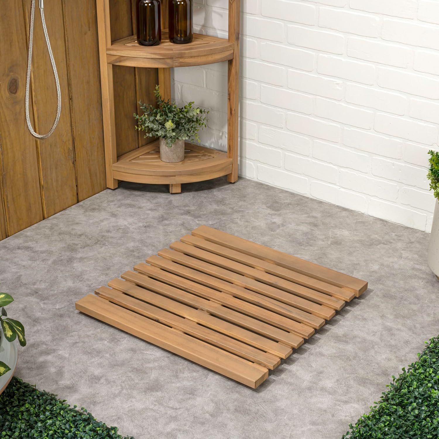 JONATHAN Y Acacia Wood Slat Indoor/Outdoor Bath Mat Light Teak 2X2, Paige Modern Classic for Shower Mat for Bathroom Bathtub, Door, Spa, Sauna or Garden MAT1002T