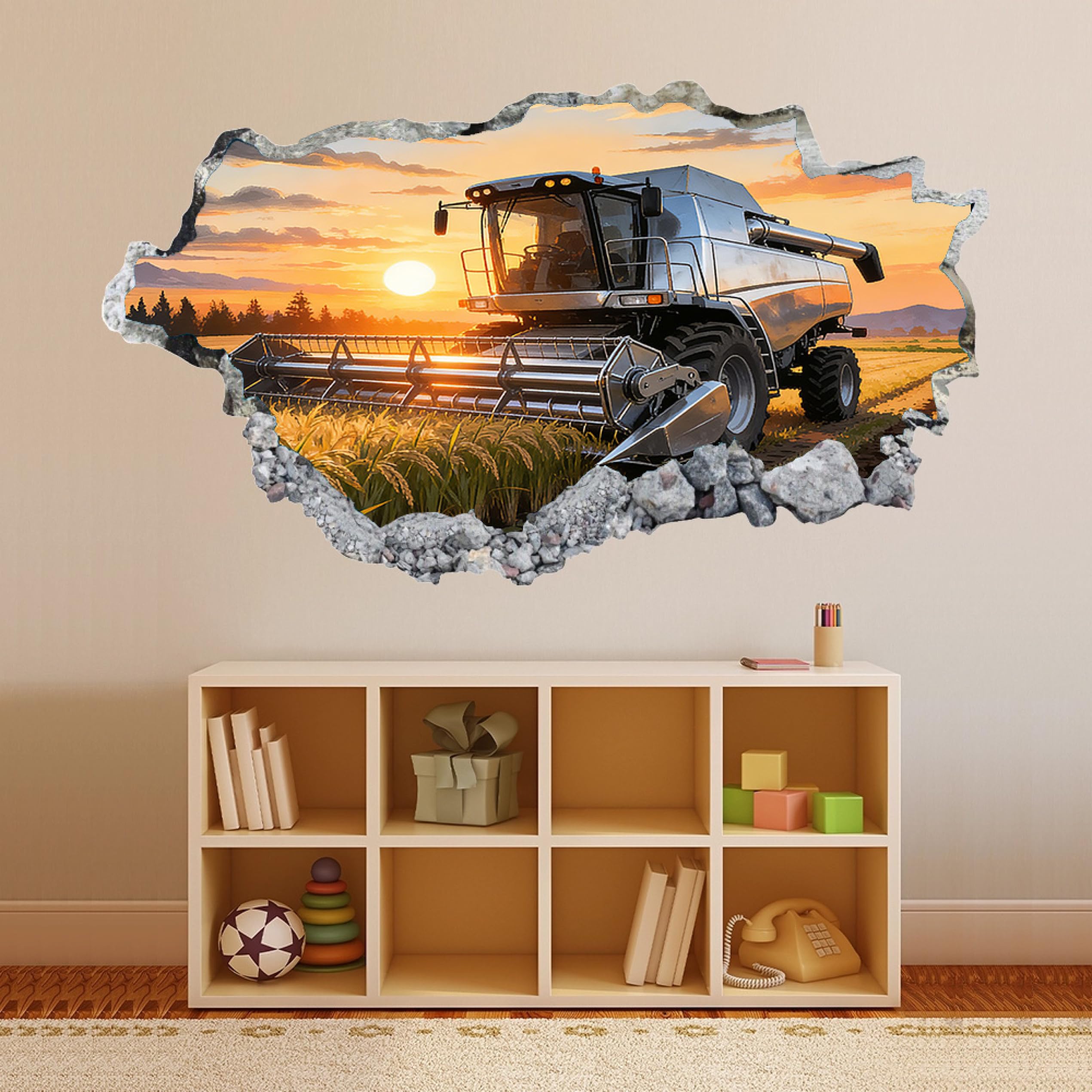 Wandtattoos 3D Durchbruch Wandsticker Erntemaschinen-Sonnenuntergang Mauerloch Selbstklebend Wandaufkleber für Kinderzimmer Schlafzimmer Wohnzimmer 58x101cm