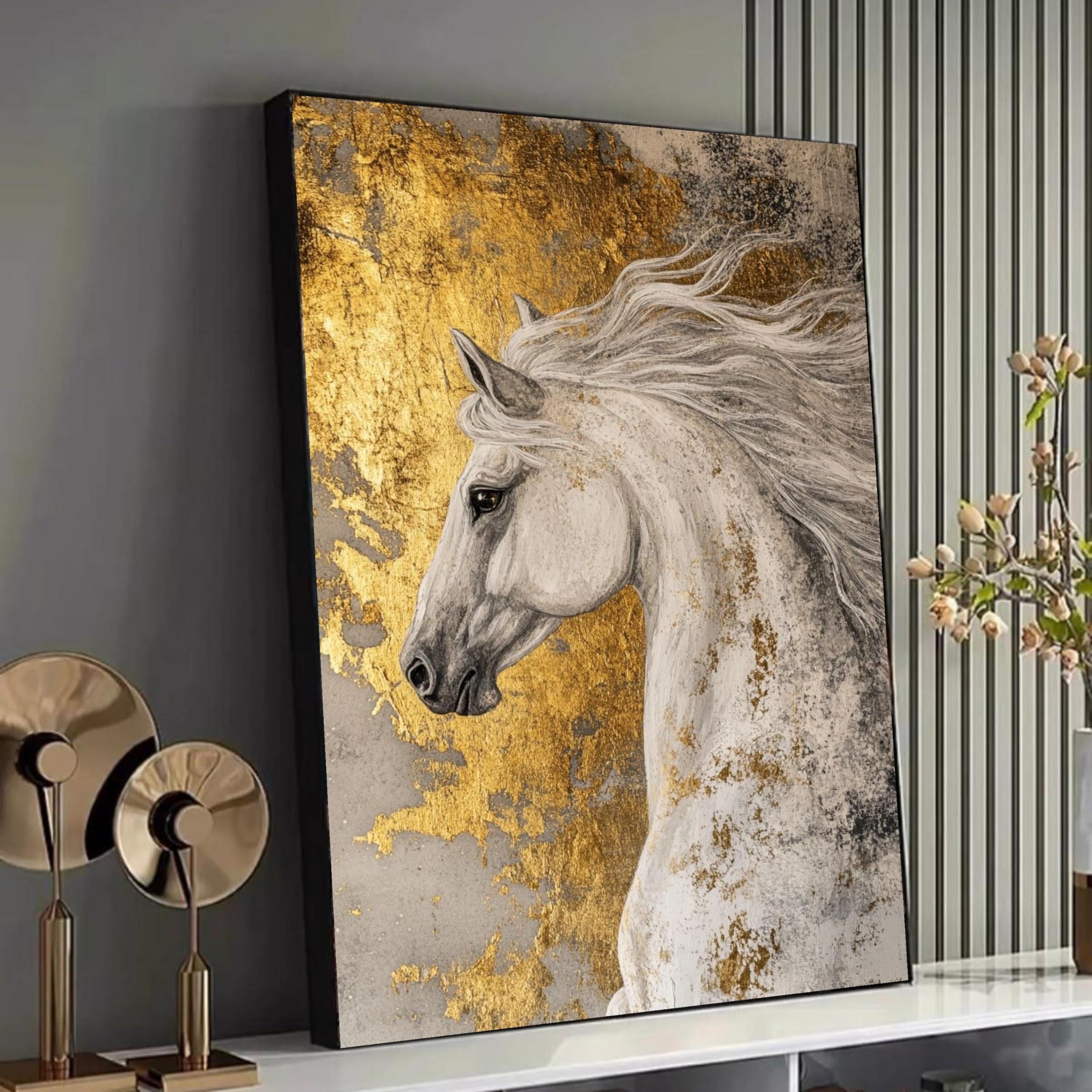Tableau abstrait cheval blanc à feuille d'or pour salon 40x60cm - 8