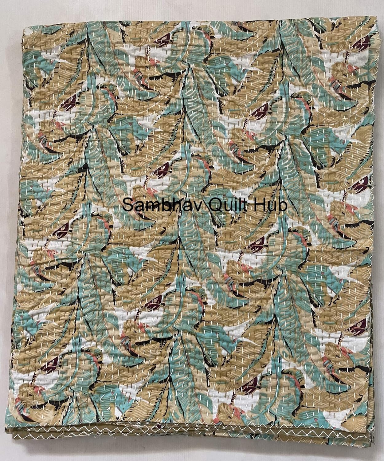 New Fresh Leaves Tropical Handmade Kantha Floral Monstera Plant Banana Leaves Pattern Printed Kantha Quilt Bohemain Boho Hippie Bedding Throw Blanket (Queen/King 90X108 inch)