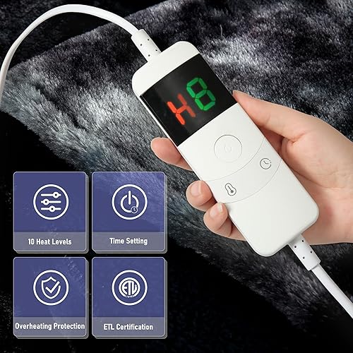 Miniatura 2 de Manta térmica eléctrica, manta térmica de franela suave con 8 horas de apagado automático, 10 niveles de calentamiento rápido, lavable a máquina,