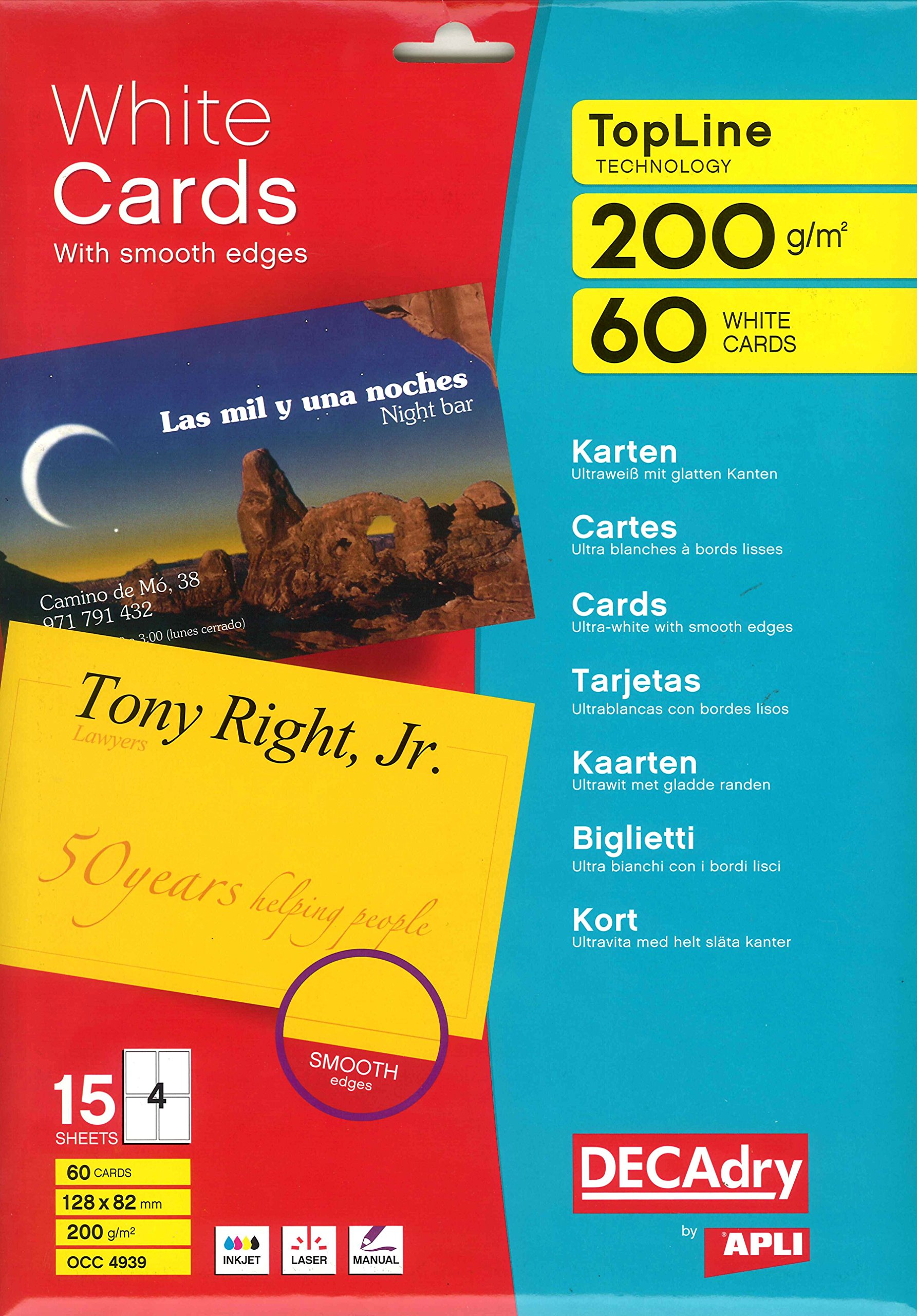 Decadry OCC4939 - Tarjetas de visita (128 x 82 mm, 200 g, 60 unidades), color blanco