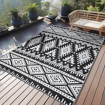 OLANLY Outdoor Rug 4x6 ft Waterproof Reversible Boho Mat, Black & White