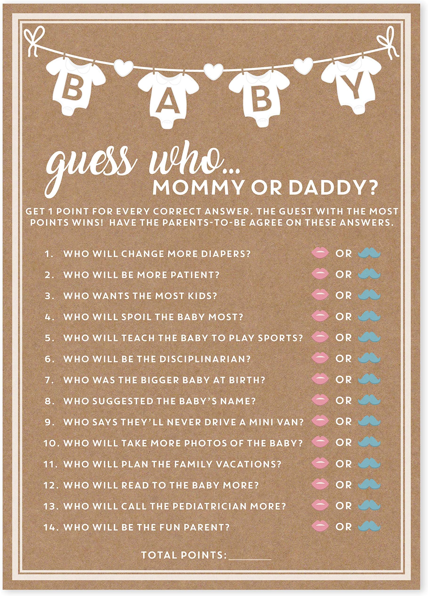 Party Hearty 50 pcs Baby Shower Games for Girl or Boy, Mommy or Daddy Guess Who Game, Fun Activity Cards, Gender Neutral, Ideas