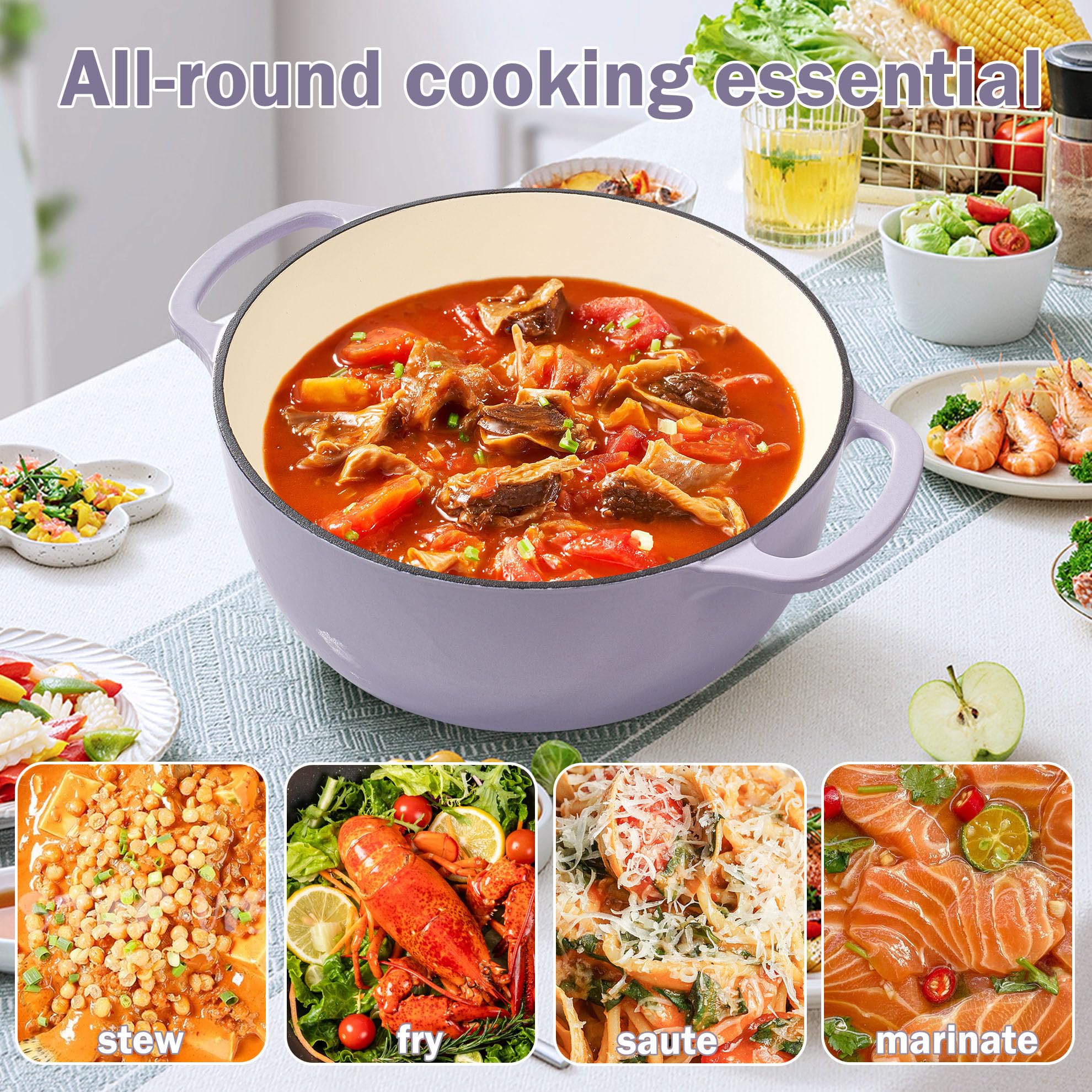Vivicreate Schmortopf aus emailliertem Gusseisen, 6 Quart Dutch Oven Topf mit Deckel, robuster Dutch Oven zum Brotbacken, Schmoren, Eintöpfe, Braten, ofenfest bis 260 °C, Doppelgriffe, Violett
