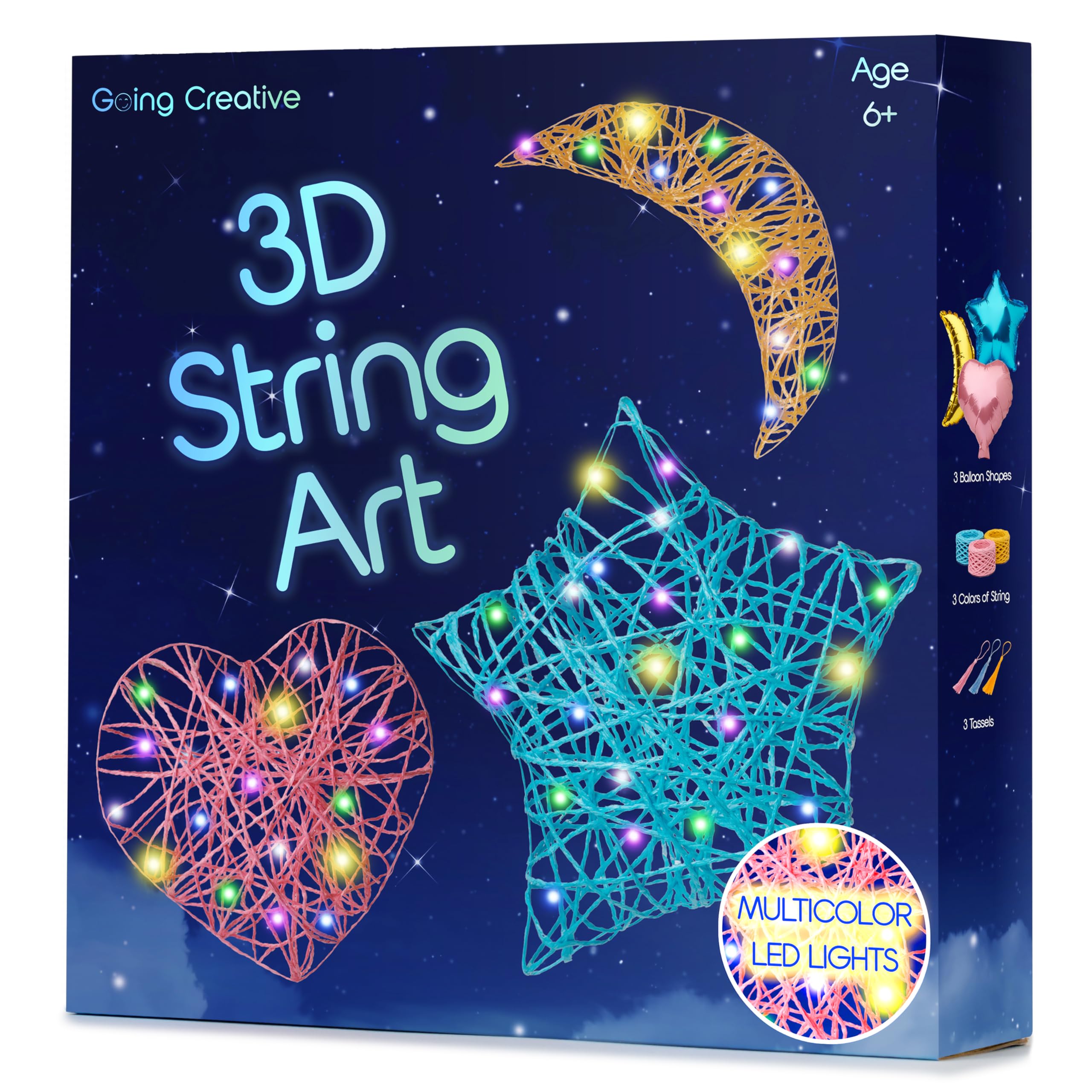 3D String Art Kit for Kids - Multi-Colored LED Lantern Toy for Boys and Girls Ages 6+ - Light Up Arts and Crafts Set with 3 Balloon Shapes, 6 String Lights, Colorful String and Mounting Supplies