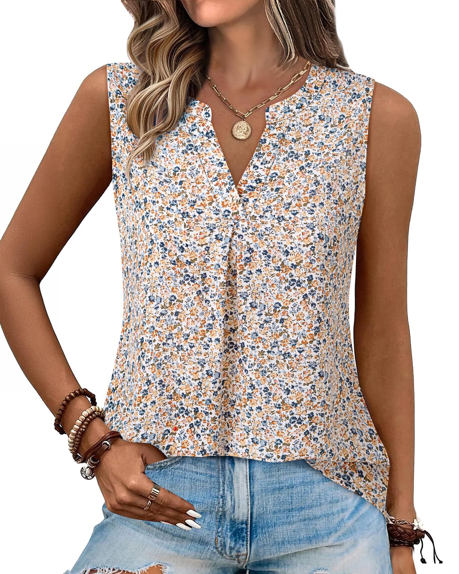 Gaharu Blusa de verano para mujer, informal, cuello en V, sin mangas, tipo túnica