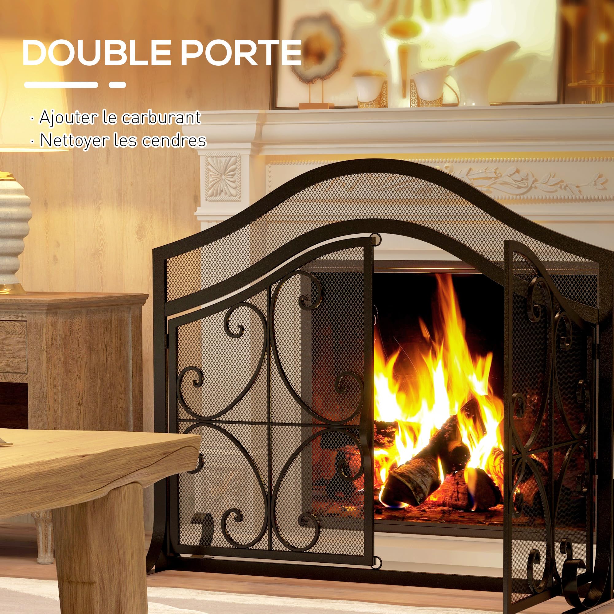 HOMCOM Pare-feu cheminée, Grille de Protection pour cheminée, Panneau Unique en Maille d'acier, Sommet arqué, avec Double Porte magnétiques, 105 x 40 x 80,5 cm, Noir