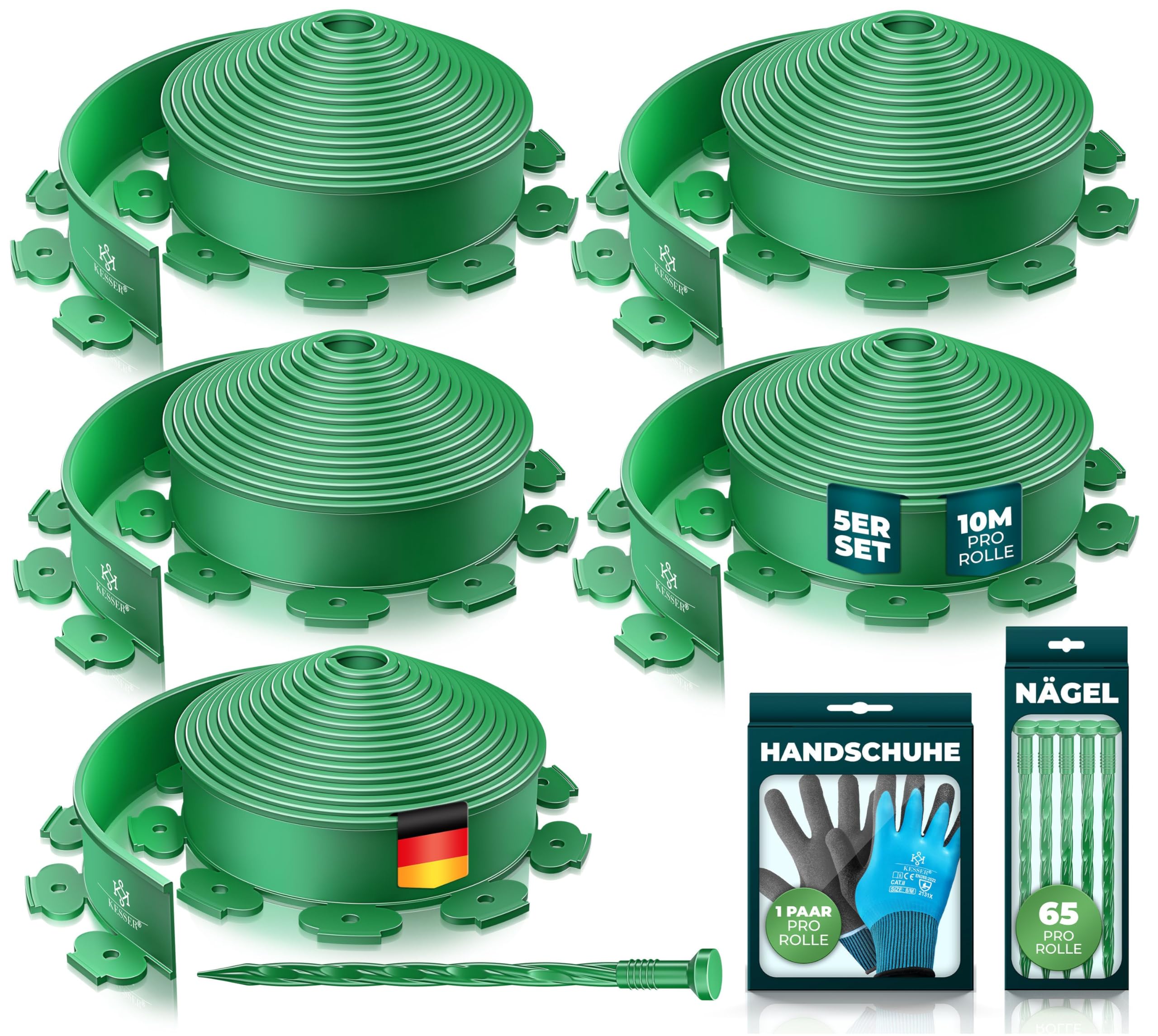 KESSER® Borde Flexible para césped de plástico, cercado de arriates, Borde de arriates, Borde de arriates, Borde de césped, Inlc. Guantes, 50 m x 5 cm, Verde