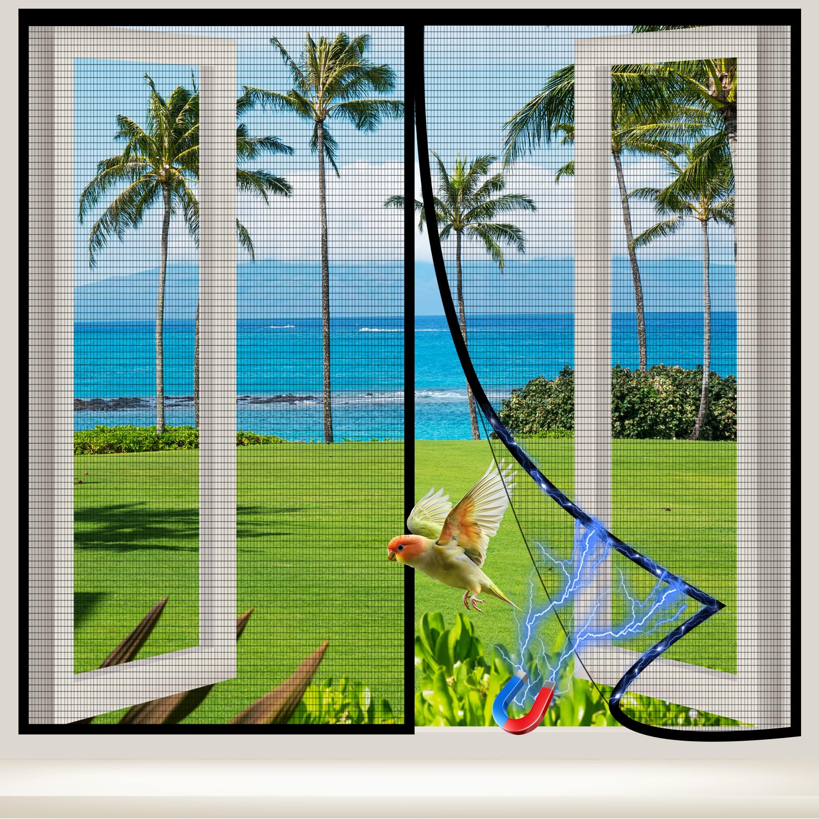 NUTKIT Magnetic Fly Screen Window, 110x110cm Fibergalss Mesh Mosquito Netting, Window Fly Screen Close Automatically, No Drilling Silent window-netting for Insects Mosquito Bugs(Black Frame Black Net)