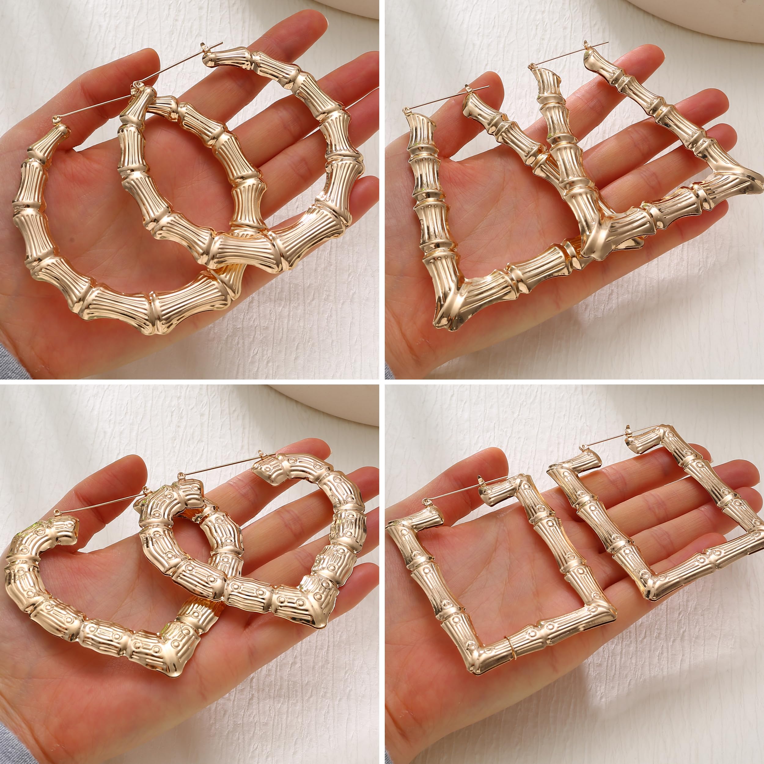 Aretes de aro de bambú para mujer, aretes grandes chapados en oro de 14 quilates, aretes de bambú de los años 80 y 90 para mujer, aretes grandes de gran tamaño, chapados en oro de 14 quilates 6