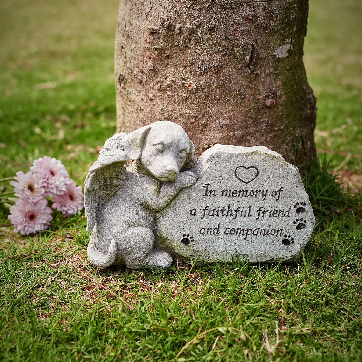 Angelic Dog Memorial Statue - Sleeping Dog Figurine, Outdoor Grave Marker, Sympathy Gift, Antique Stone Finish, 8.86 inch