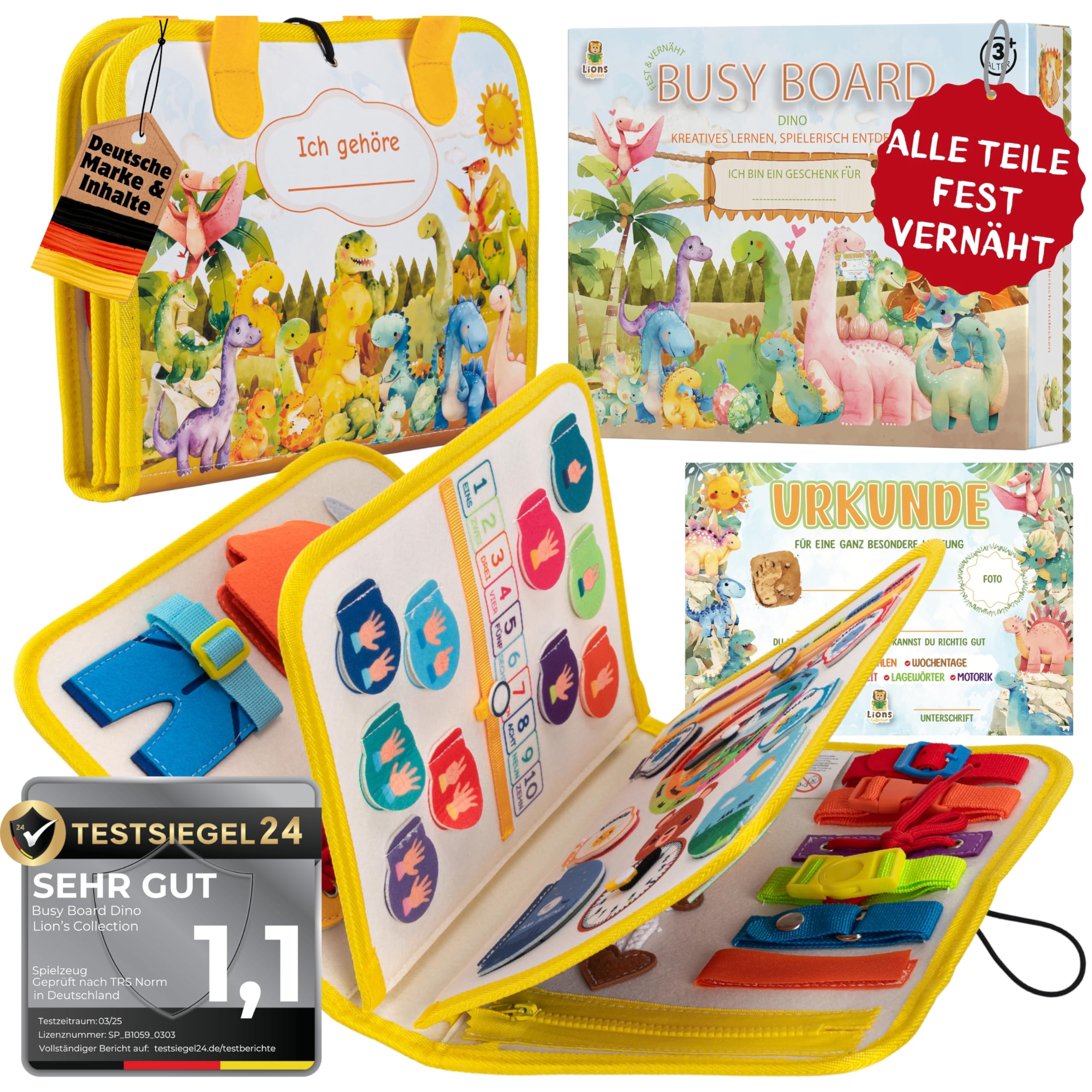 Lion’s Collection Montessori Busy Board Deutsch ab 3 Jahre – Busy Book & Activity Board für Kinder – Motorikbuch & Lernbuch – Reisespielzeug für Auto, Zug & Flugzeug