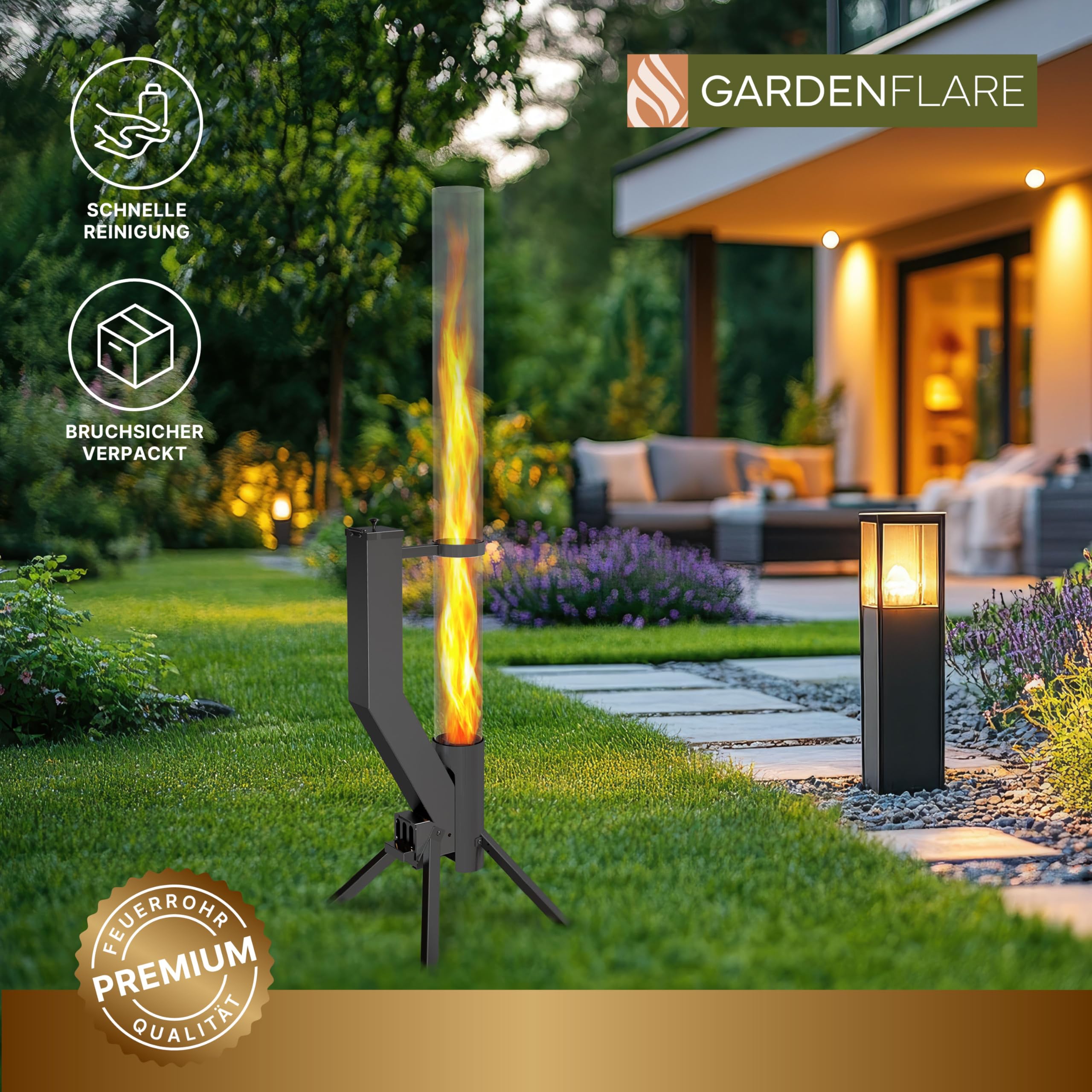 GARDENFLARE Feuerrohr Premium – Große Edelstahl Pelletfackel mit Flamme bis 1,5m & Reinigungsbürste incl., Feuersäule für Garten & Terrasse - Nachhaltiges Ambiente Feuer (Schwarz Pulverbeschichtet)