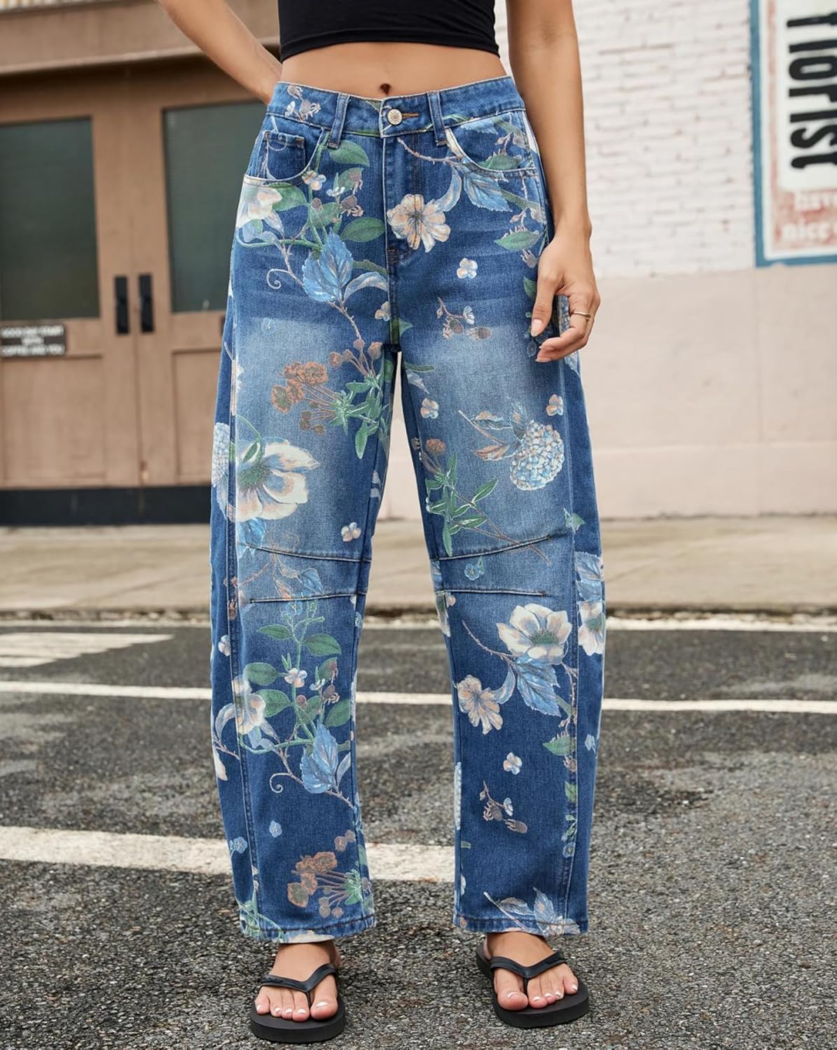 Kedera Women's Baggy Barrel Jeans Casual Boyfriend Mid Rise Leopard Printed Wide Leg Denim Ankle Pants - Image 5