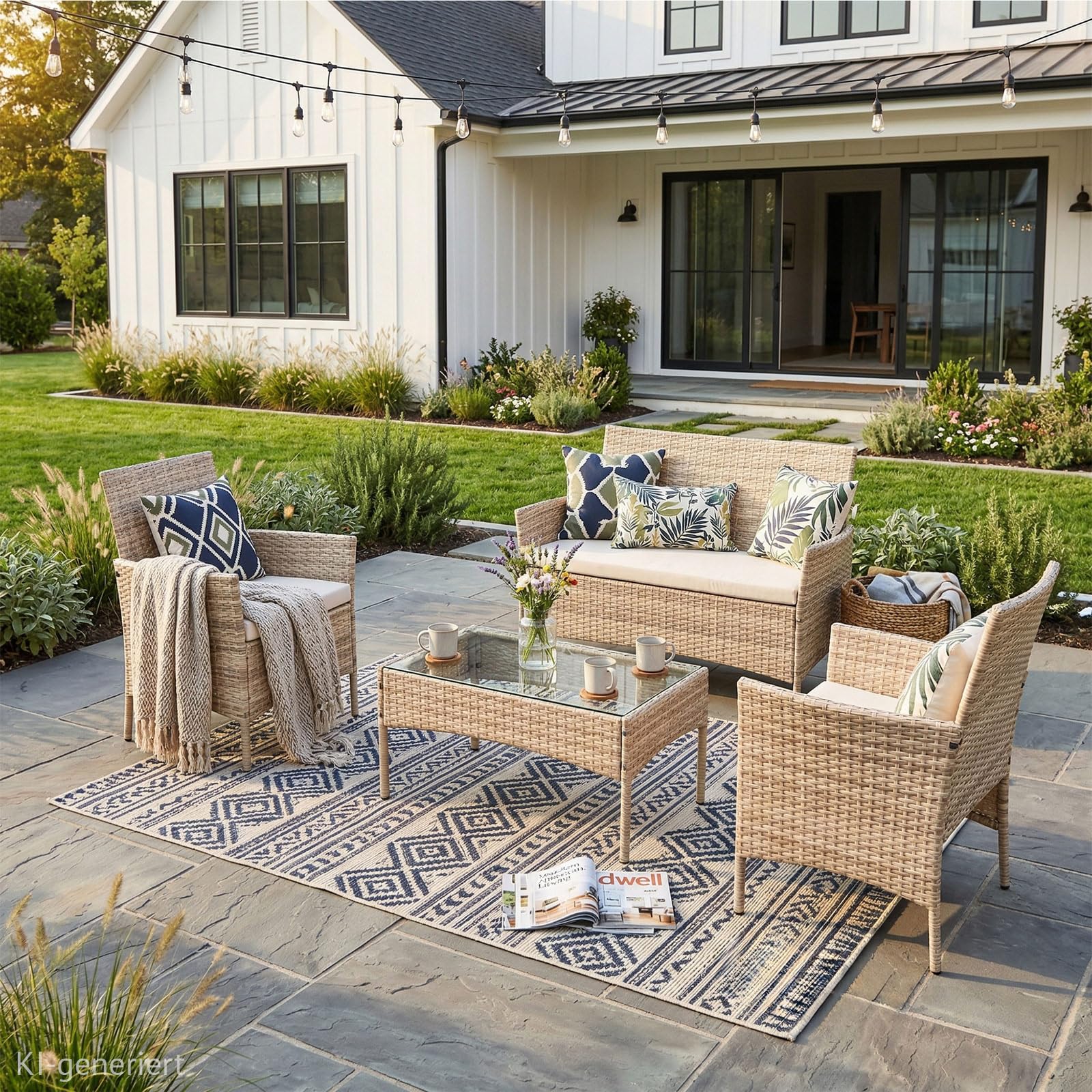 SVITA Brooklyn Gartenlounge 4-teilig Polyrattan Lounge Set wetterfest Garten Terrasse Balkon inkl. Kissen Glas Tisch Beige