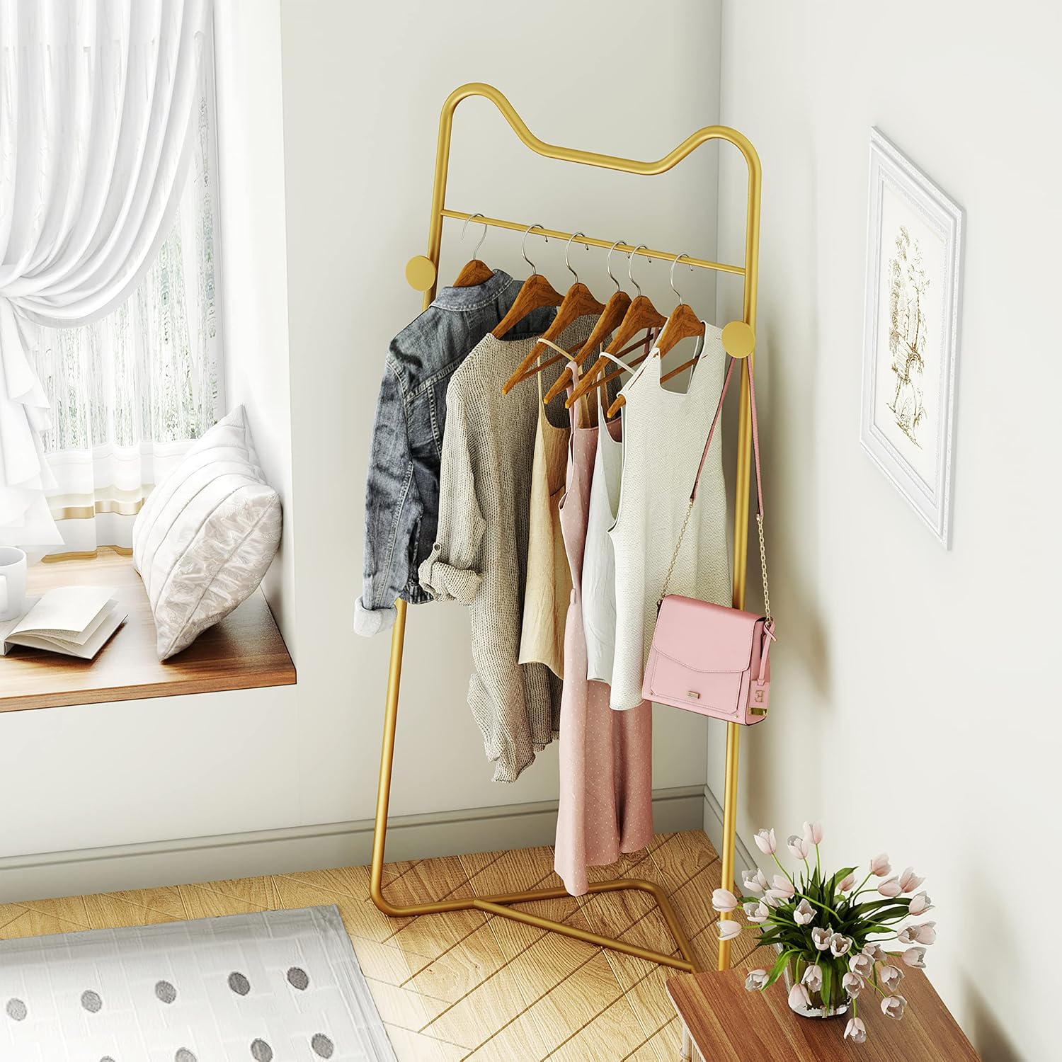 Gold Metal Corner Coat Rack, Modern Clothing Rack Hall Tree with 2 Hooks for Clothes Hat Scarf, Freestanding Clothes Rack for Hallway Entryway, Bedroom, Living Room