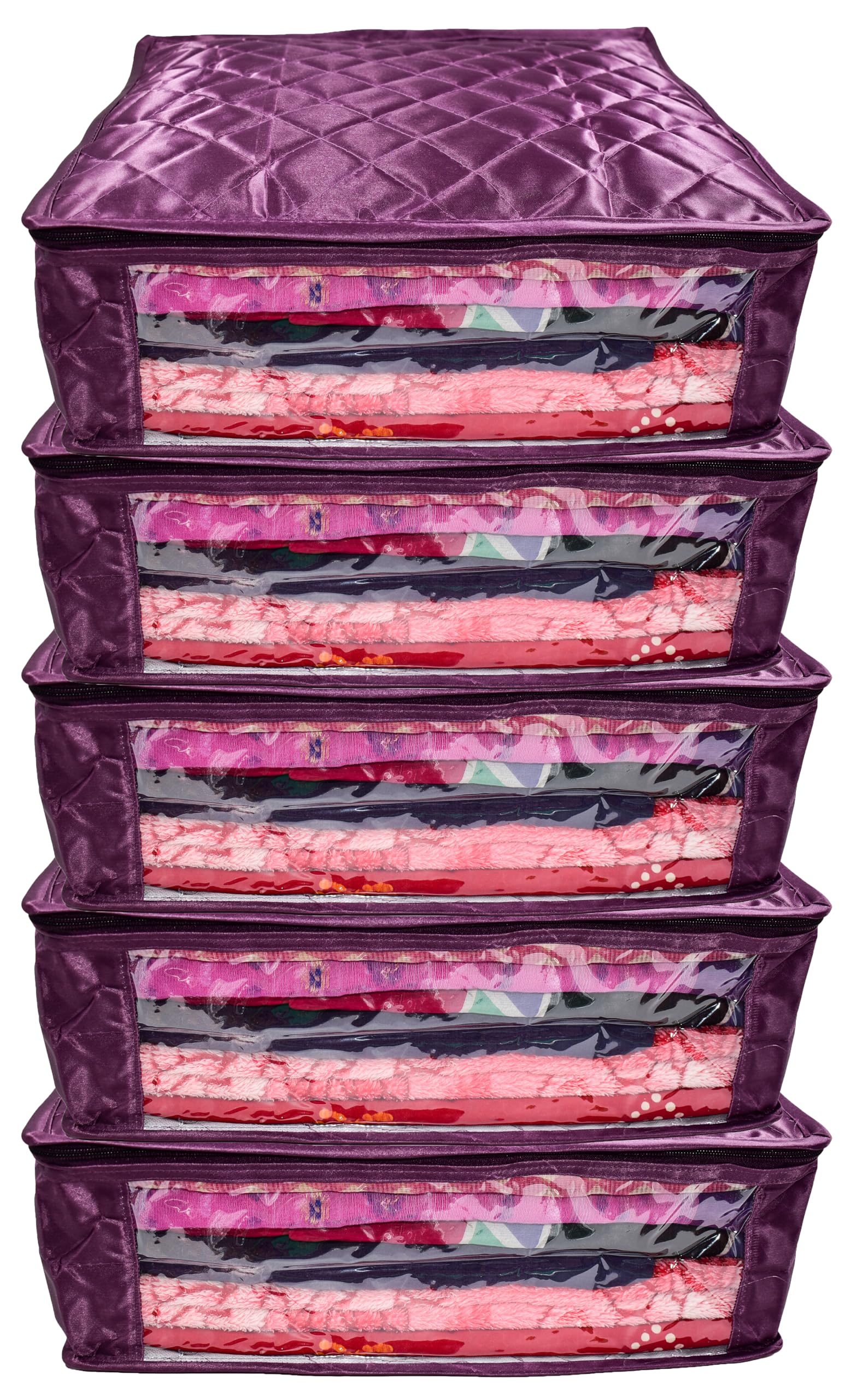 Ajabh Satin Saree Bags Purple Colour, Saree Covers With Zip, Saree Covers For Storage, Wardrobe Organiser, Size- 13.5x16x8 Inches (Pack Of 5)-image-38